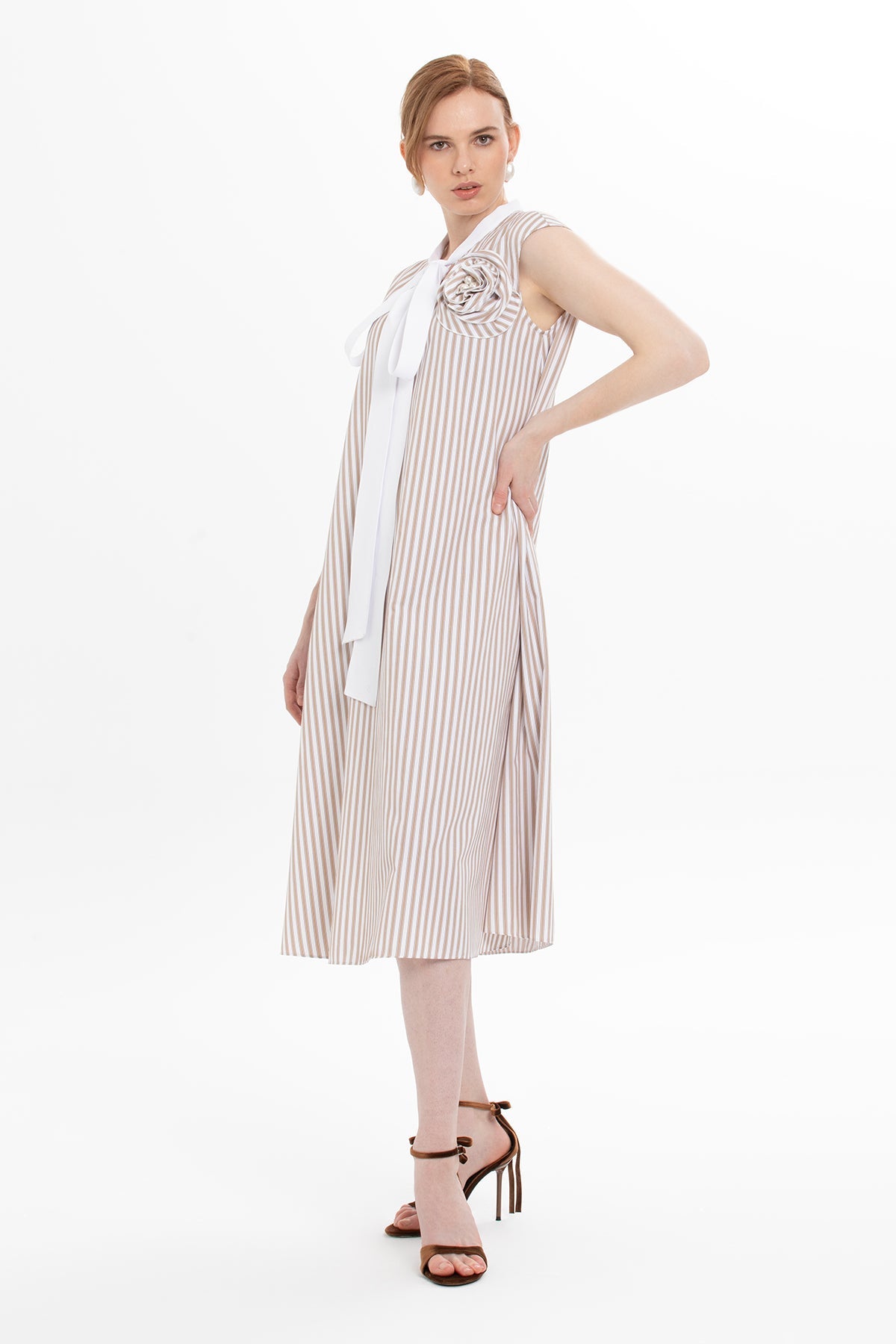 Beige Midi Dress with Collar Detail