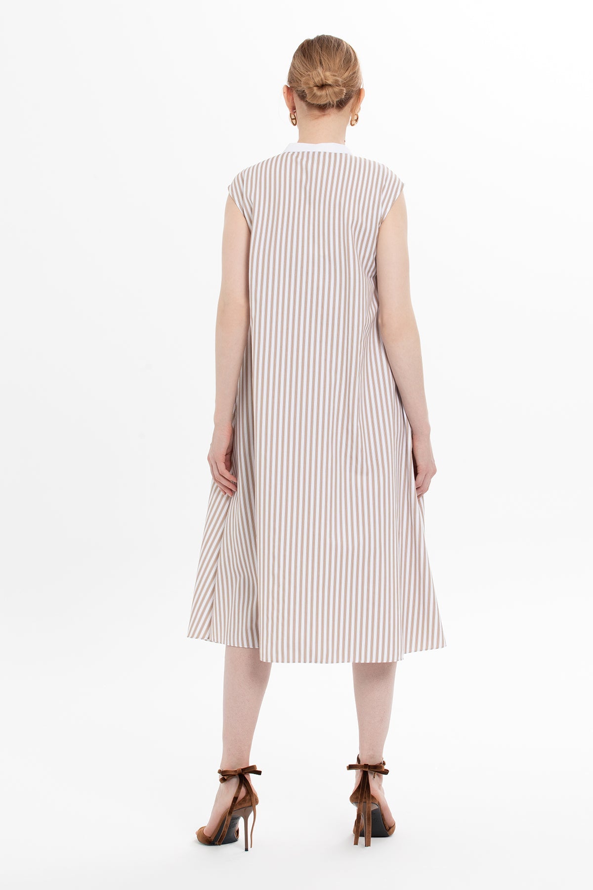 Beige Midi Dress with Collar Detail