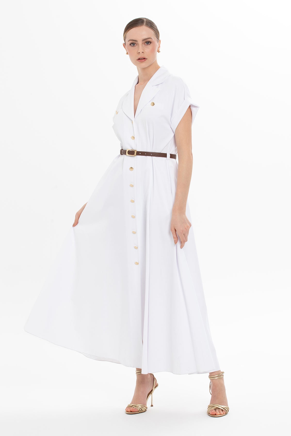 White Belted Half-Sleeved Long Dress