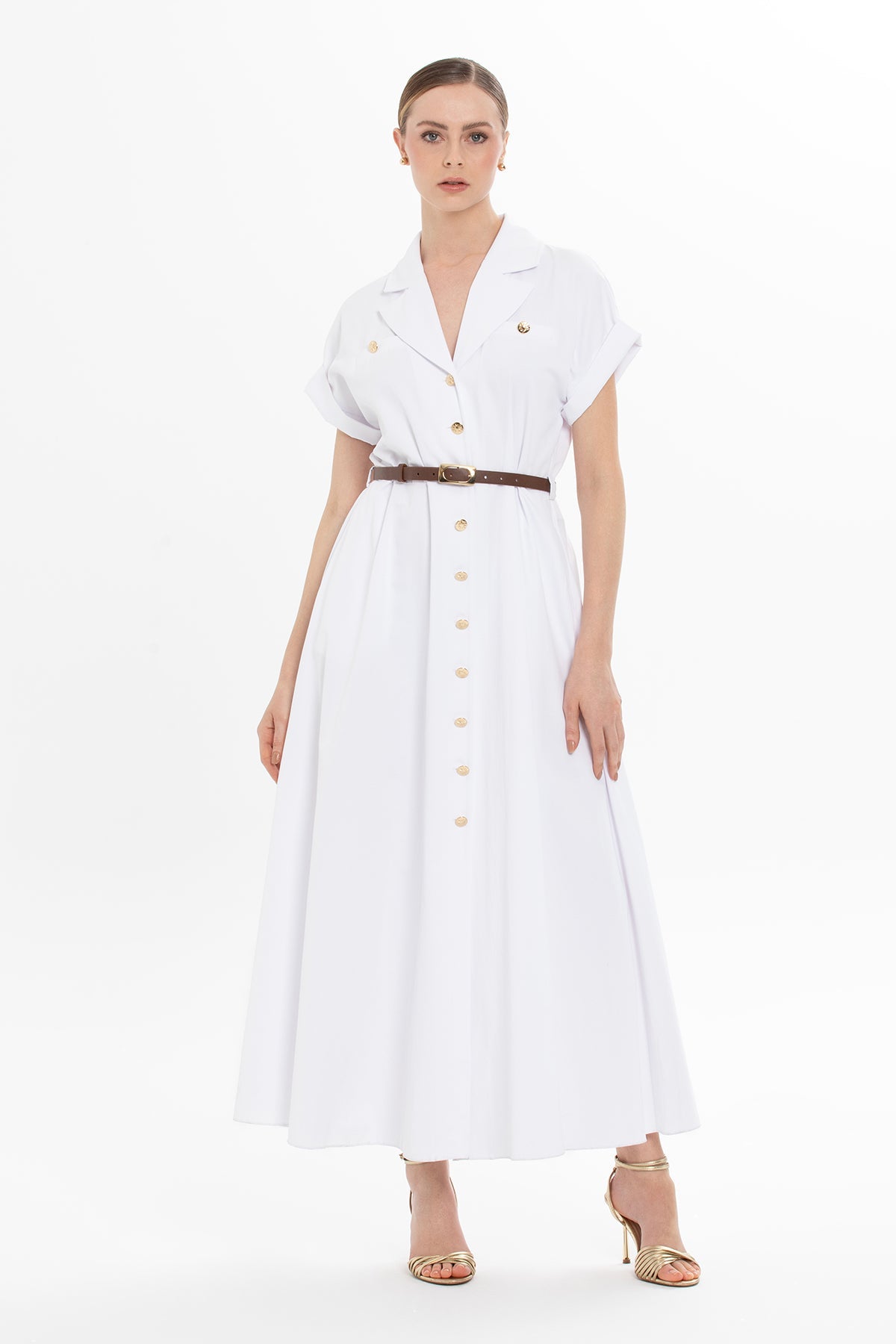 White Belted Half-Sleeved Long Dress