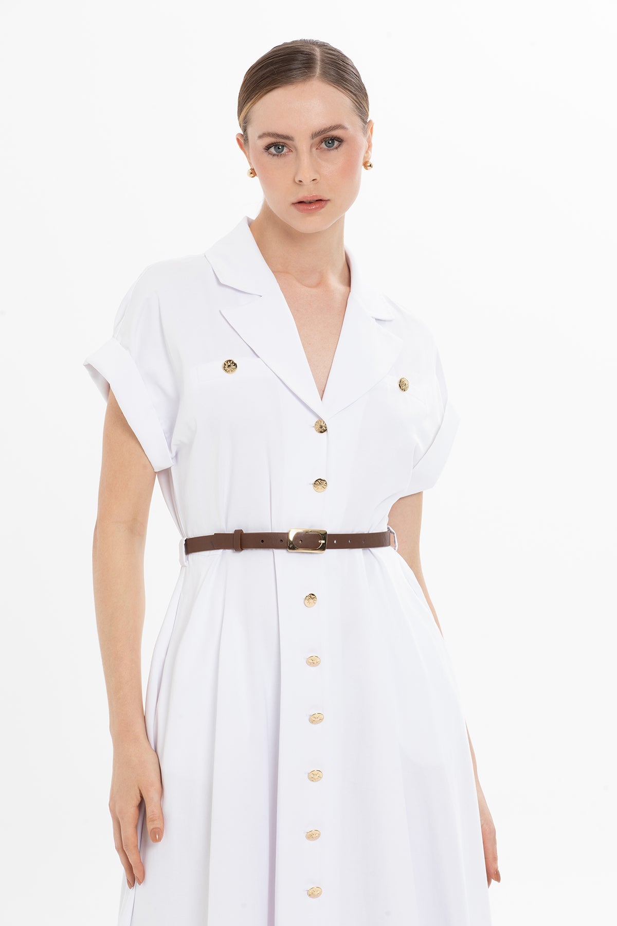 White Belted Half-Sleeved Long Dress