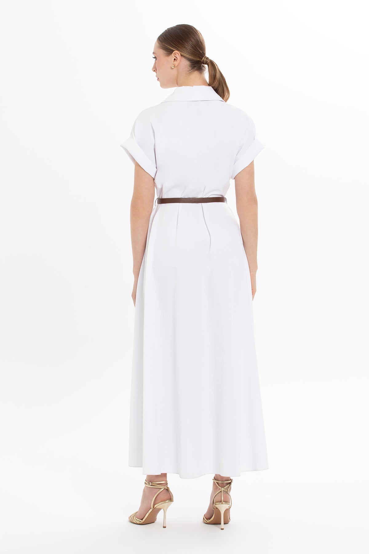 White Belted Half-Sleeved Long Dress