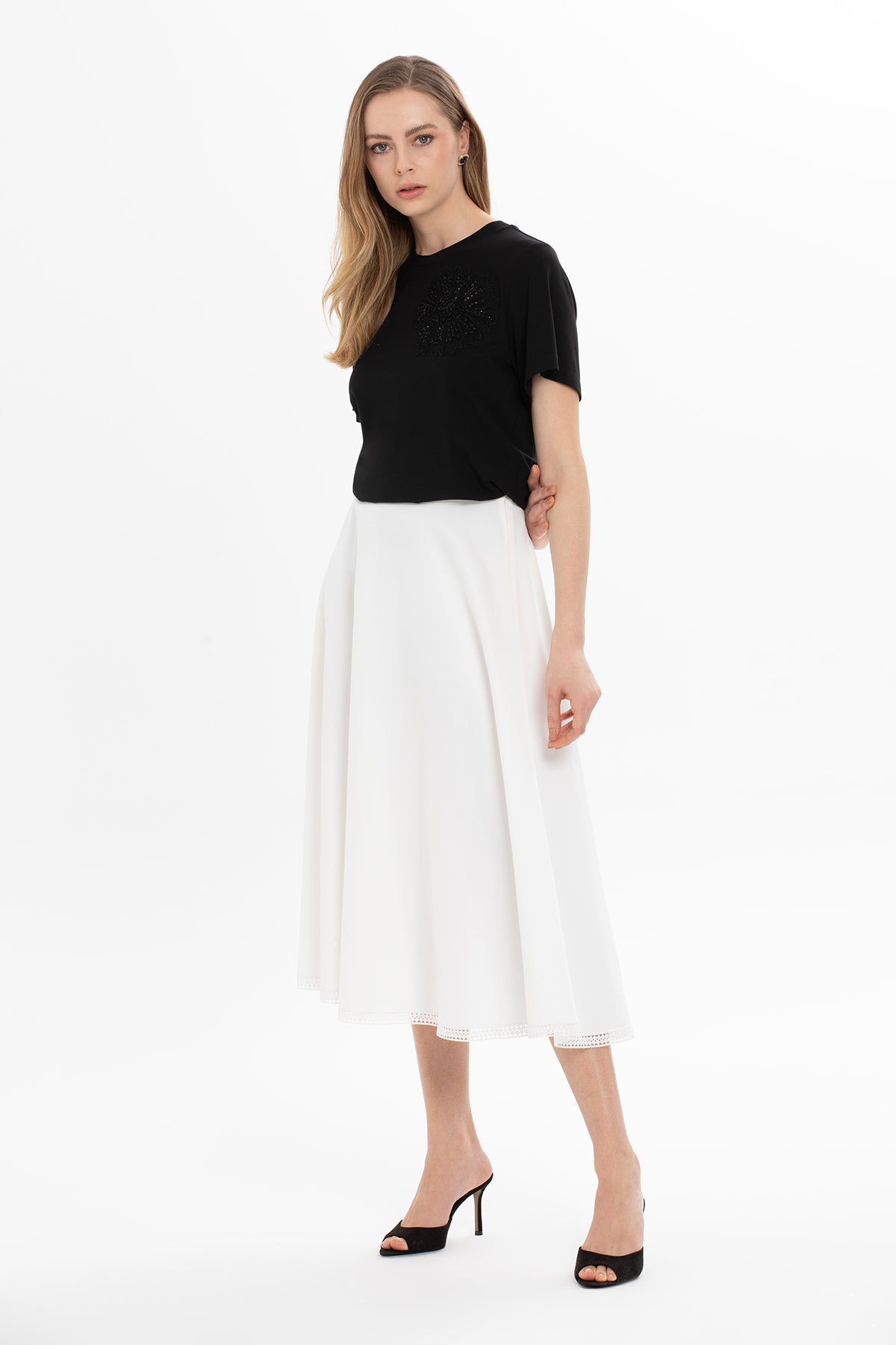 Ecru Lace-Hem Midi Skirt