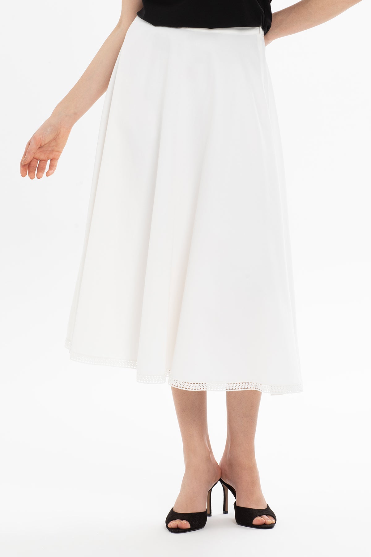 Ecru Lace-Hem Midi Skirt