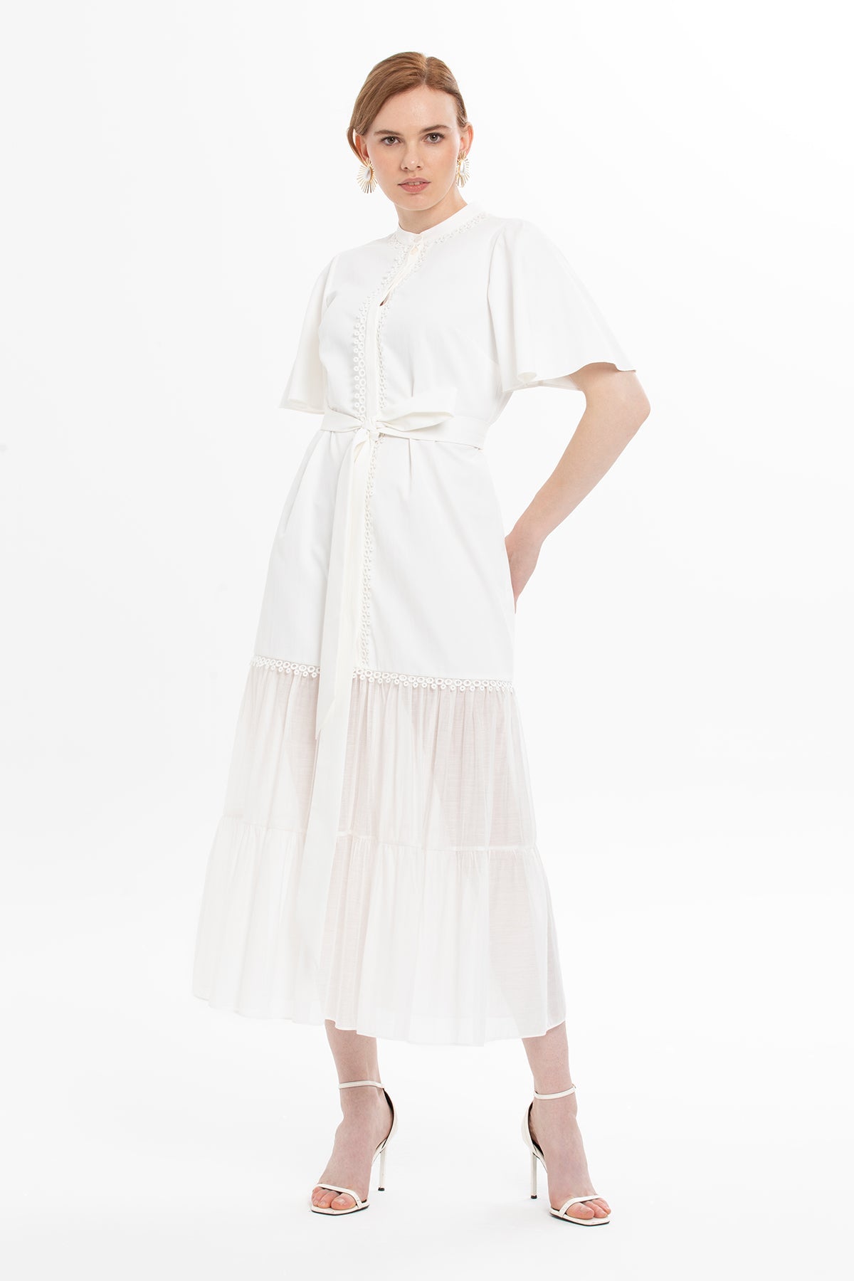 Ecru Midi Dress with Lace Details