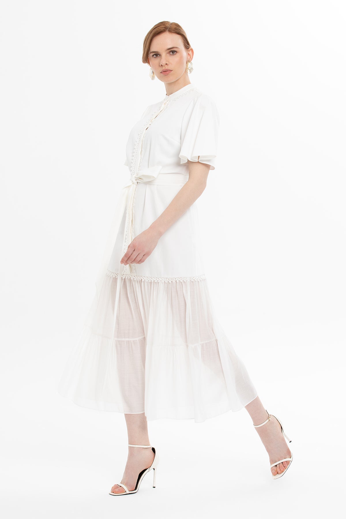 Ecru Midi Dress with Lace Details