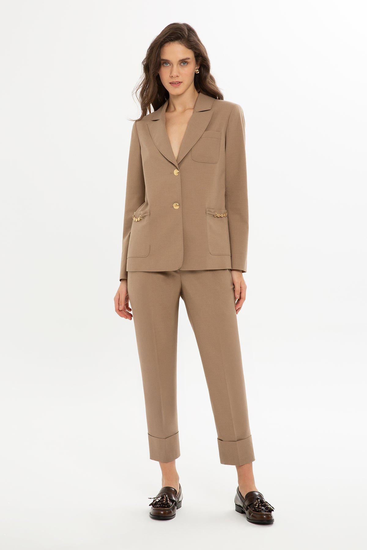 Beige Suit with Straight-Leg Trousers