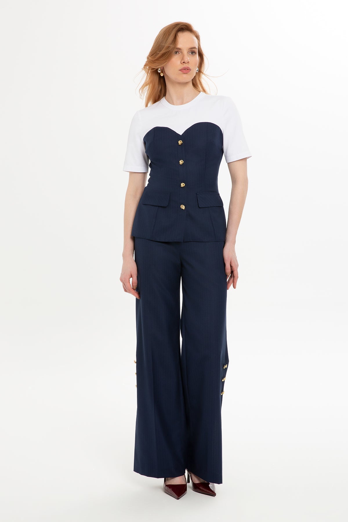 Striped Half-Sleeve Blouse  Pants Set in