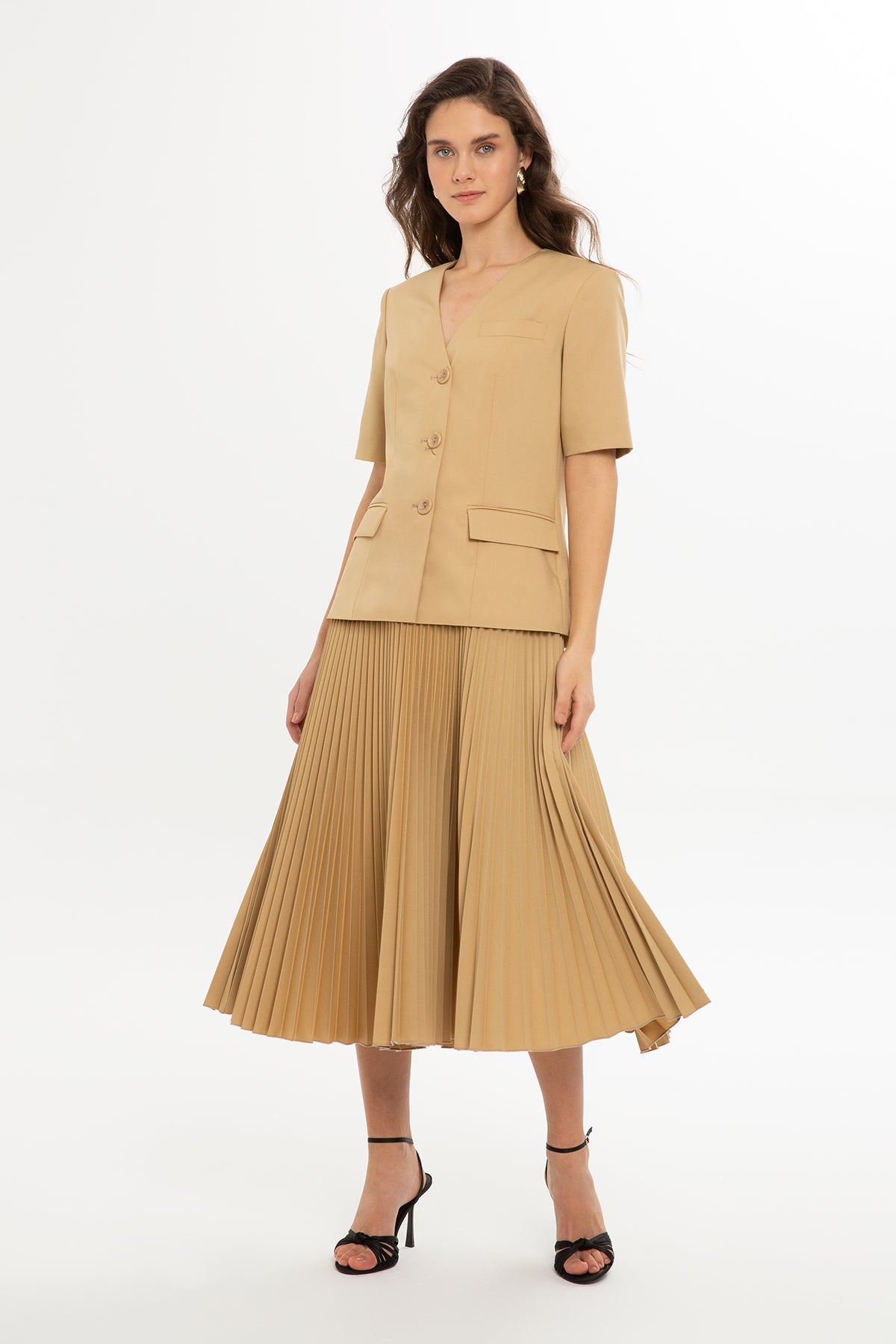 Beige Pleated Short-Sleeved Long Dress