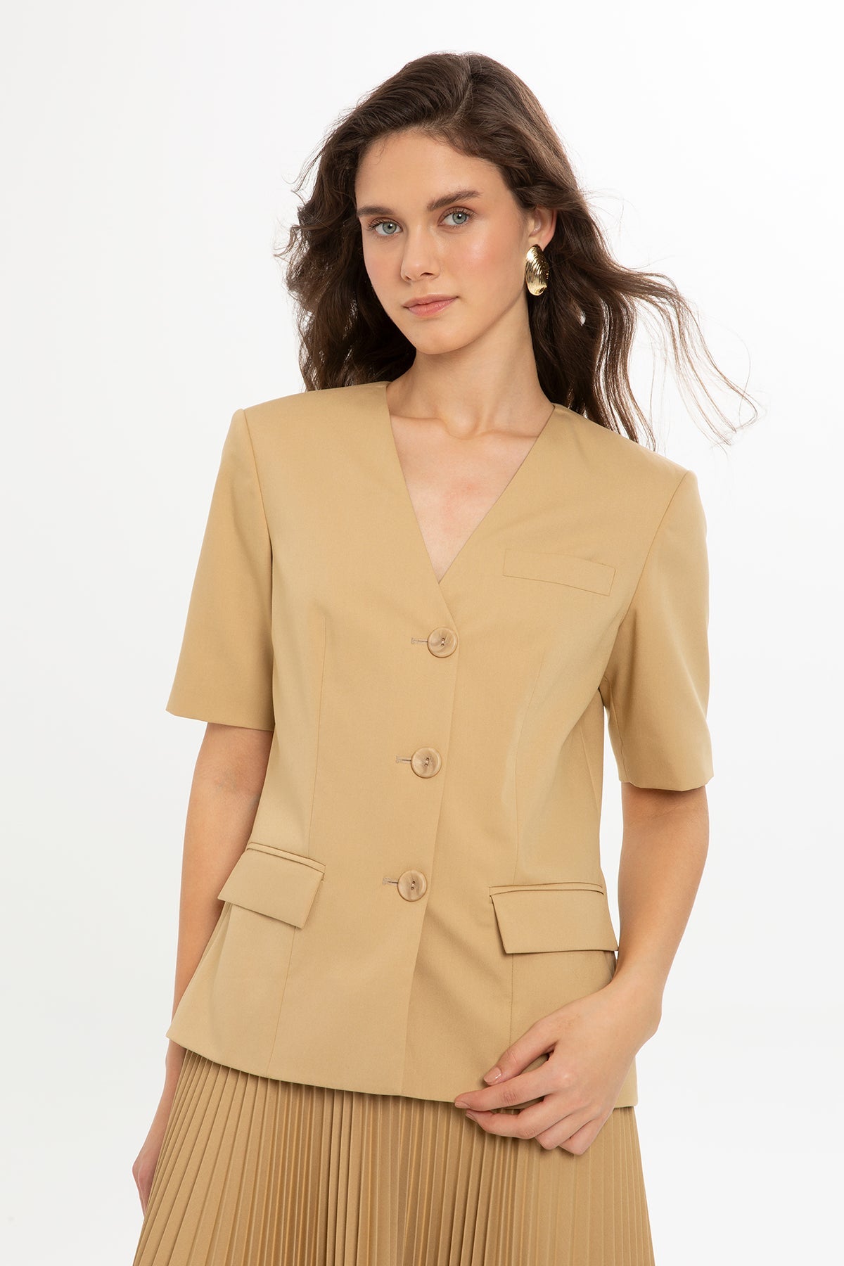 Beige Pleated Short-Sleeved Long Dress