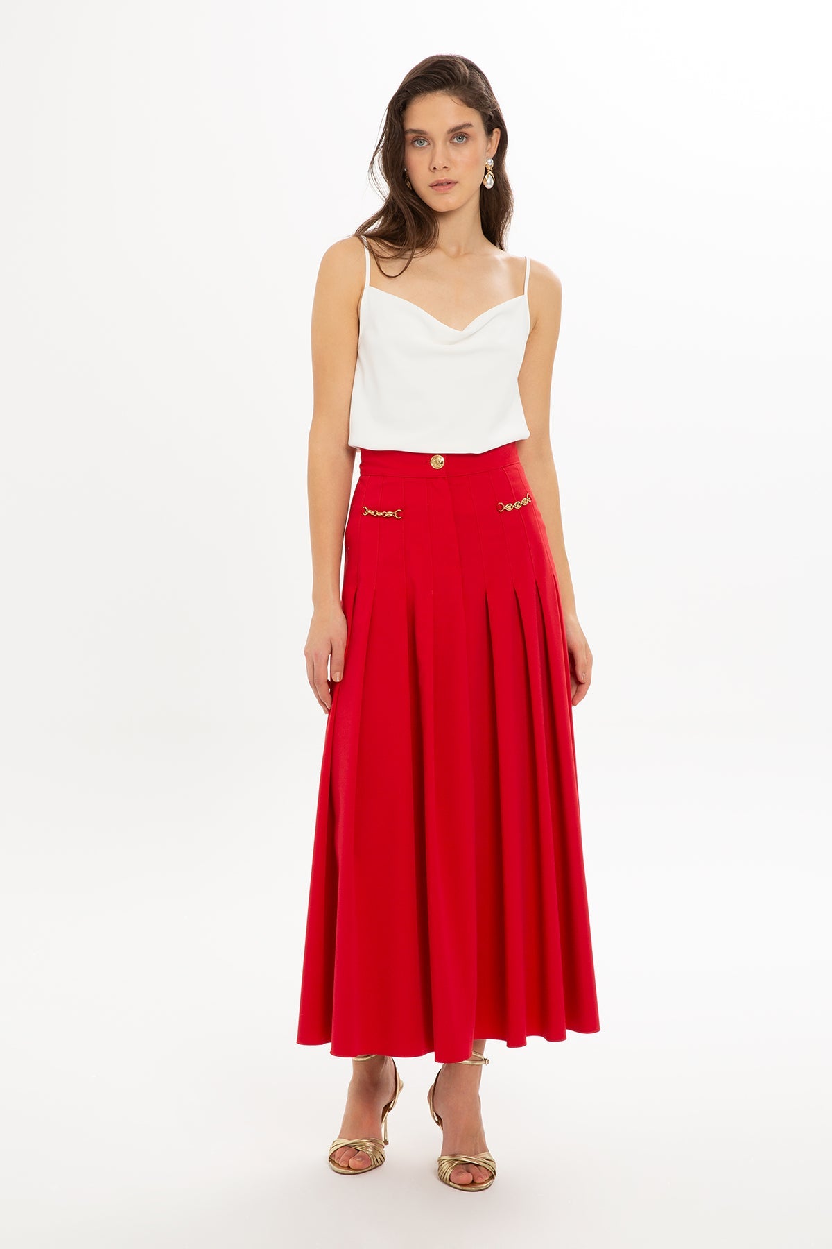 Red Button-Front Midi Skirt