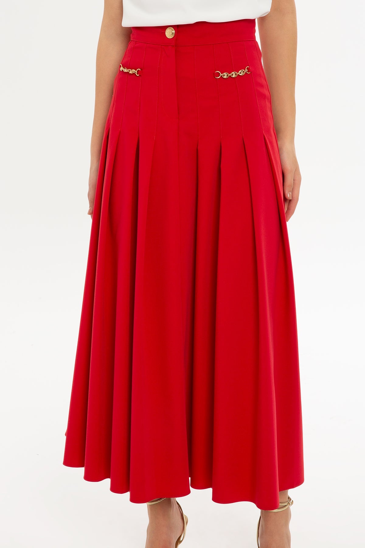 Red Button-Front Midi Skirt
