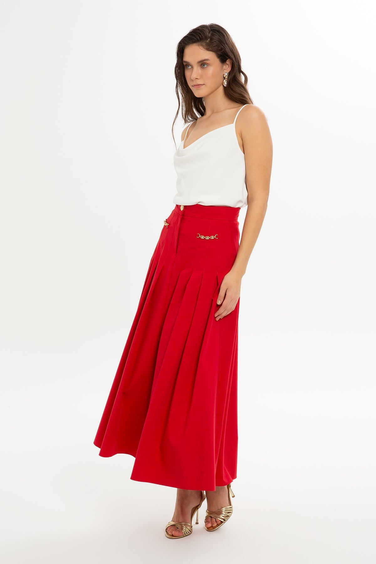 Red Button-Front Midi Skirt