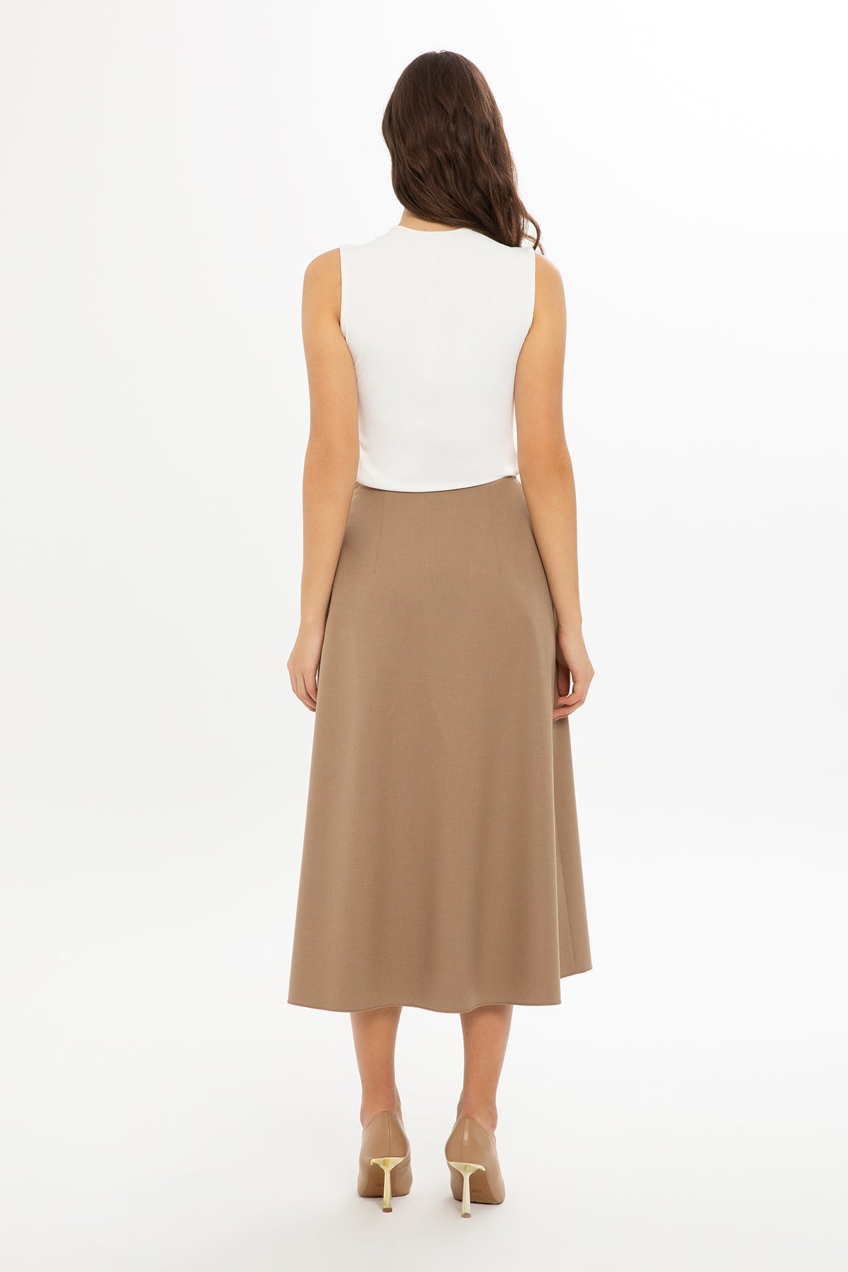 Beige Accessory-Detail Midi Skirt