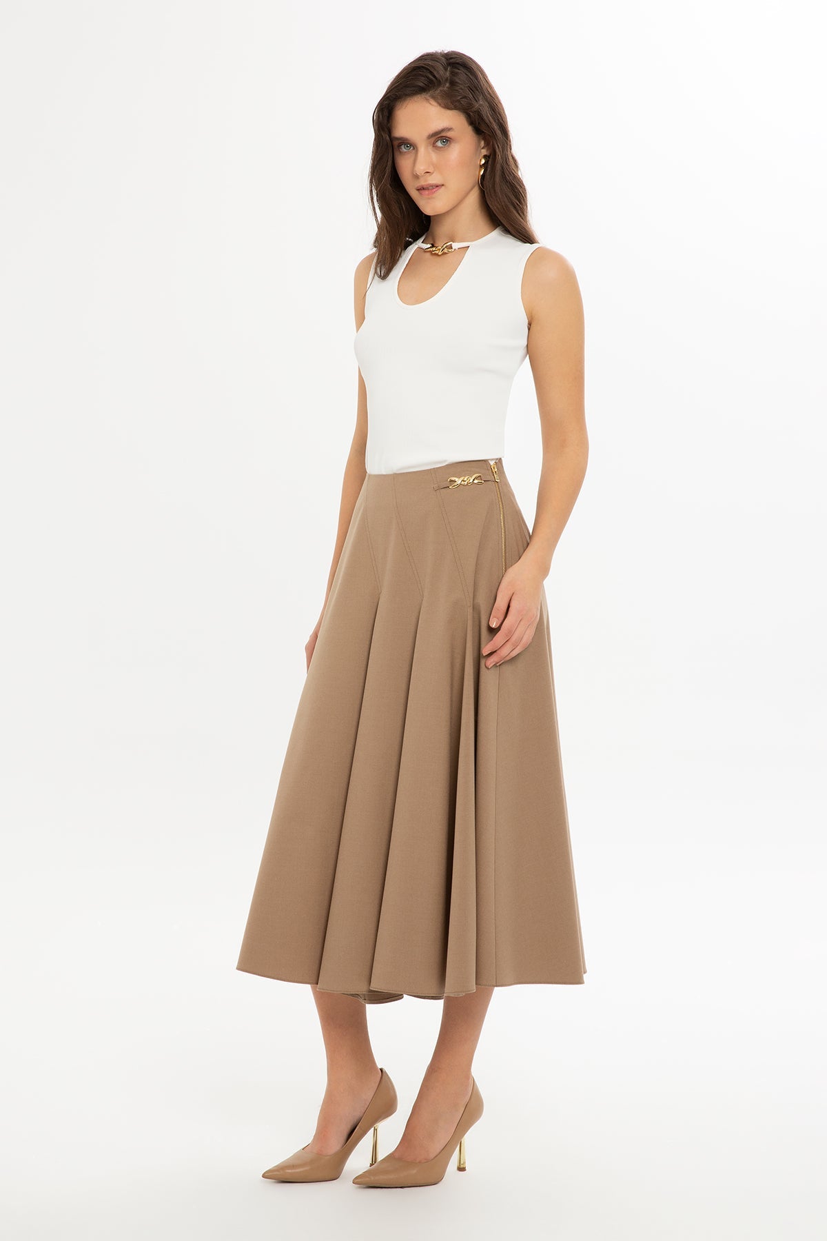 Beige Accessory-Detail Midi Skirt