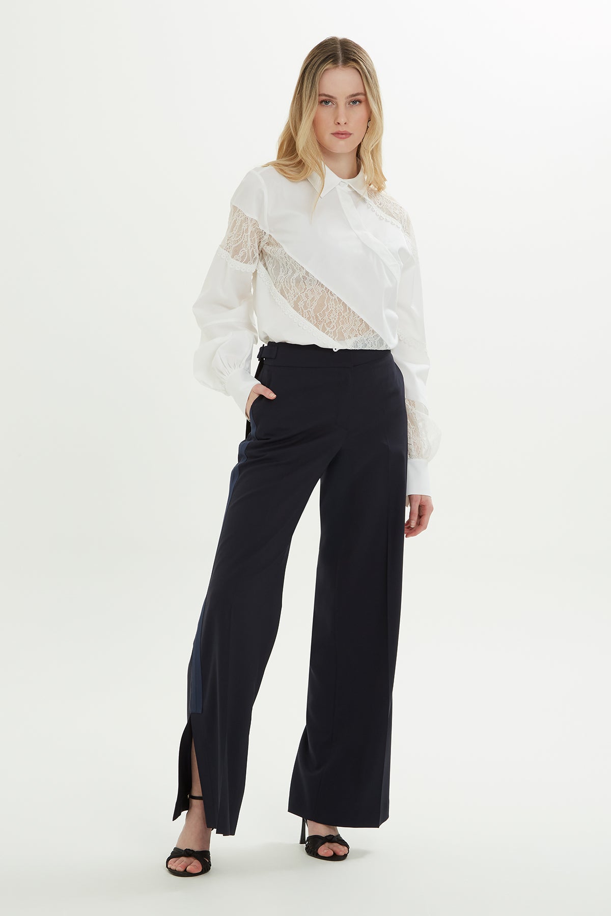 Navy Trousers with Slit Hem