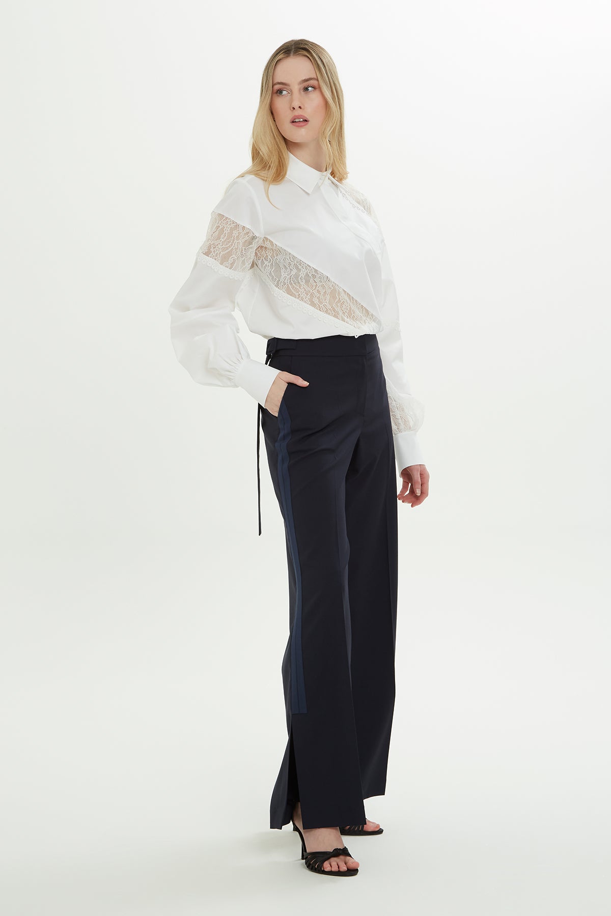 Navy Trousers with Slit Hem