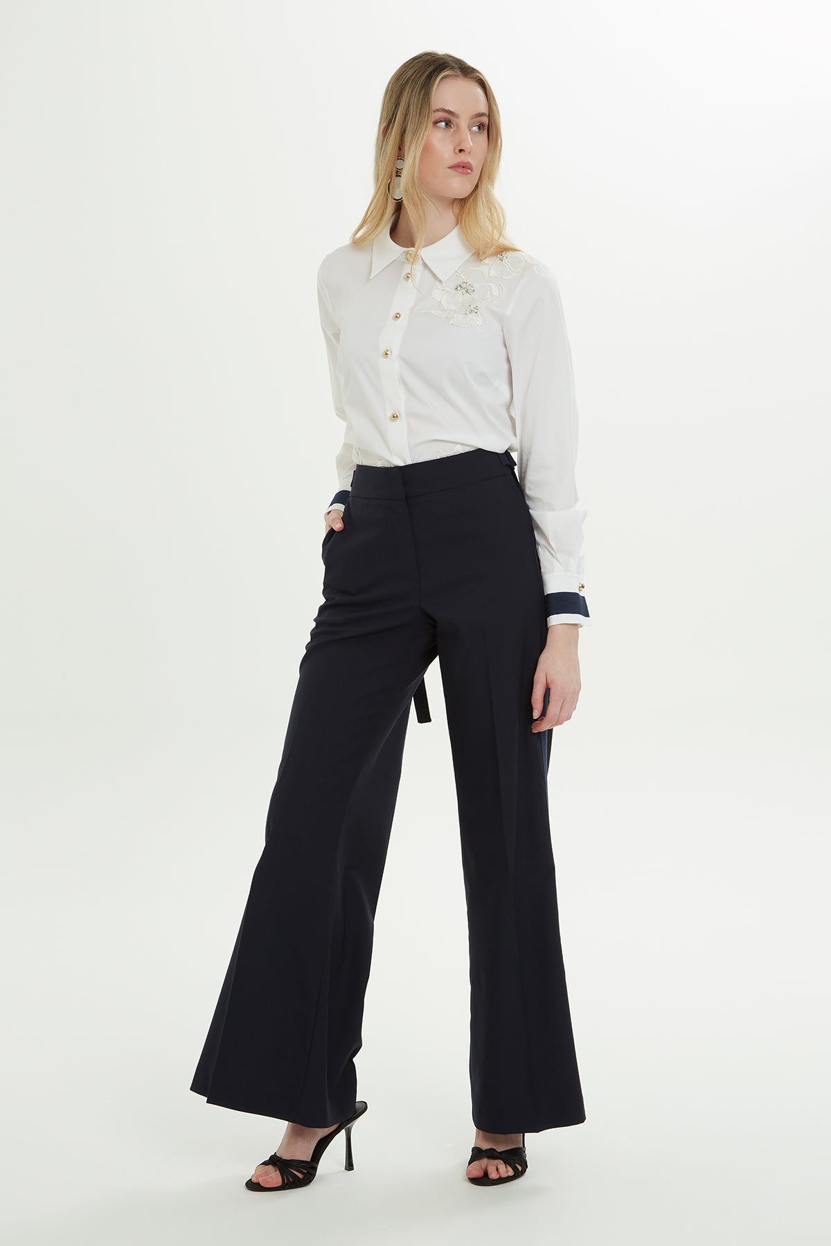 Navy Trousers with Slit Hem