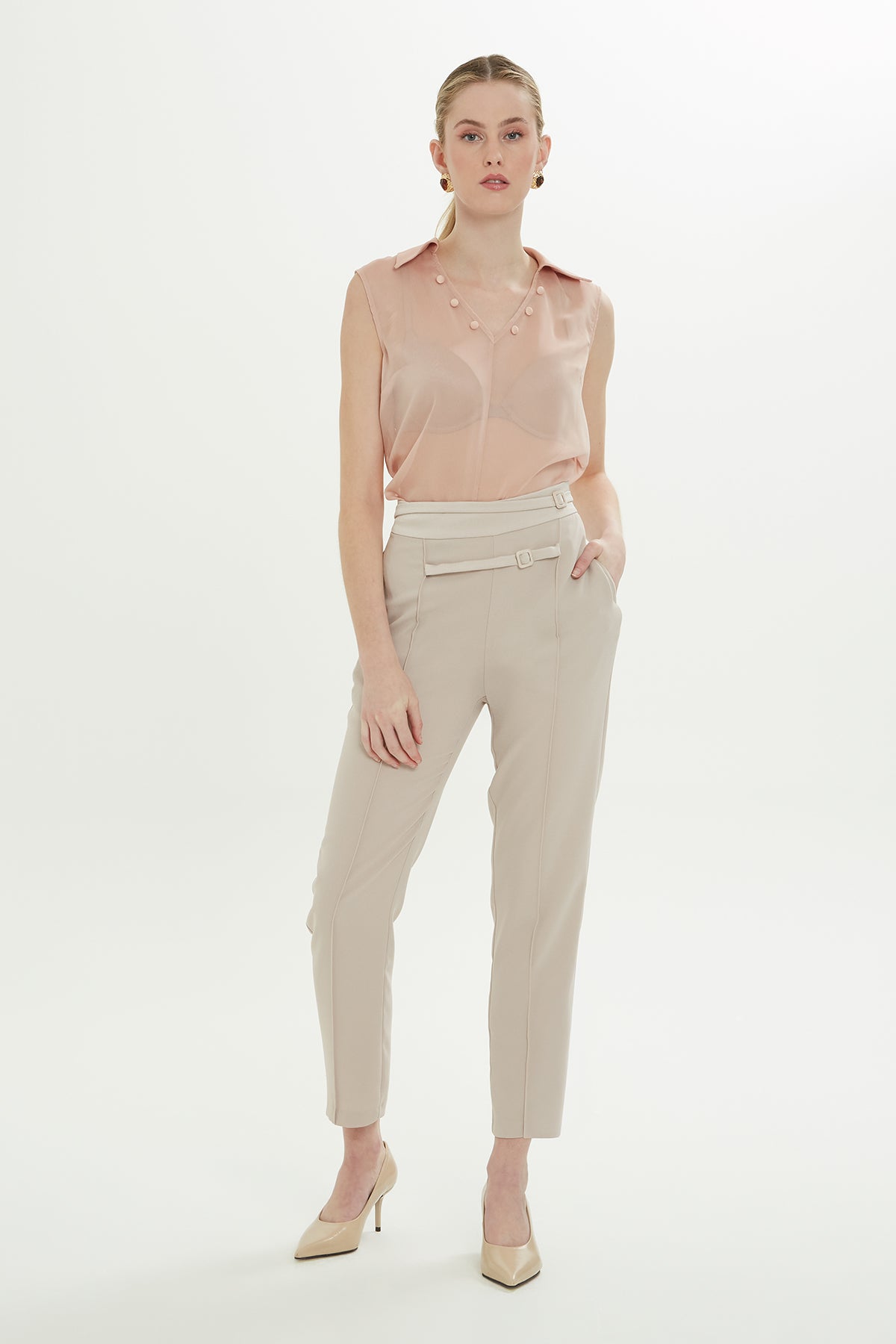 Beige Trousers with Belt Detail