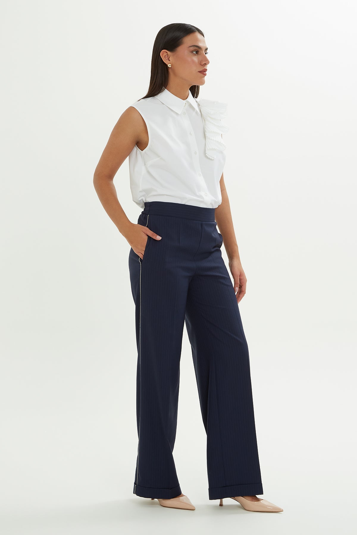 Navy Striped Trousers with Chain Trim