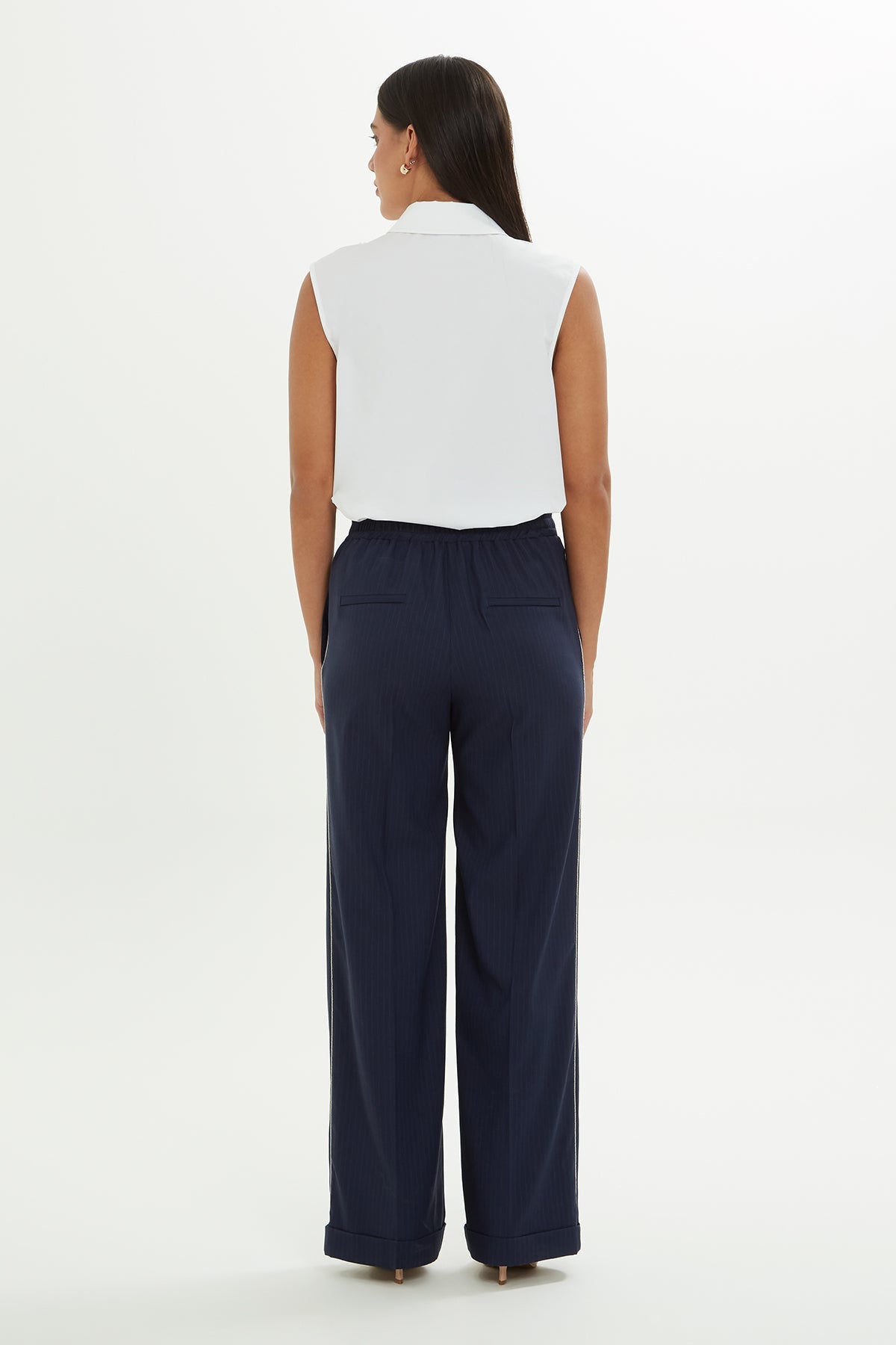 Navy Striped Trousers with Chain Trim