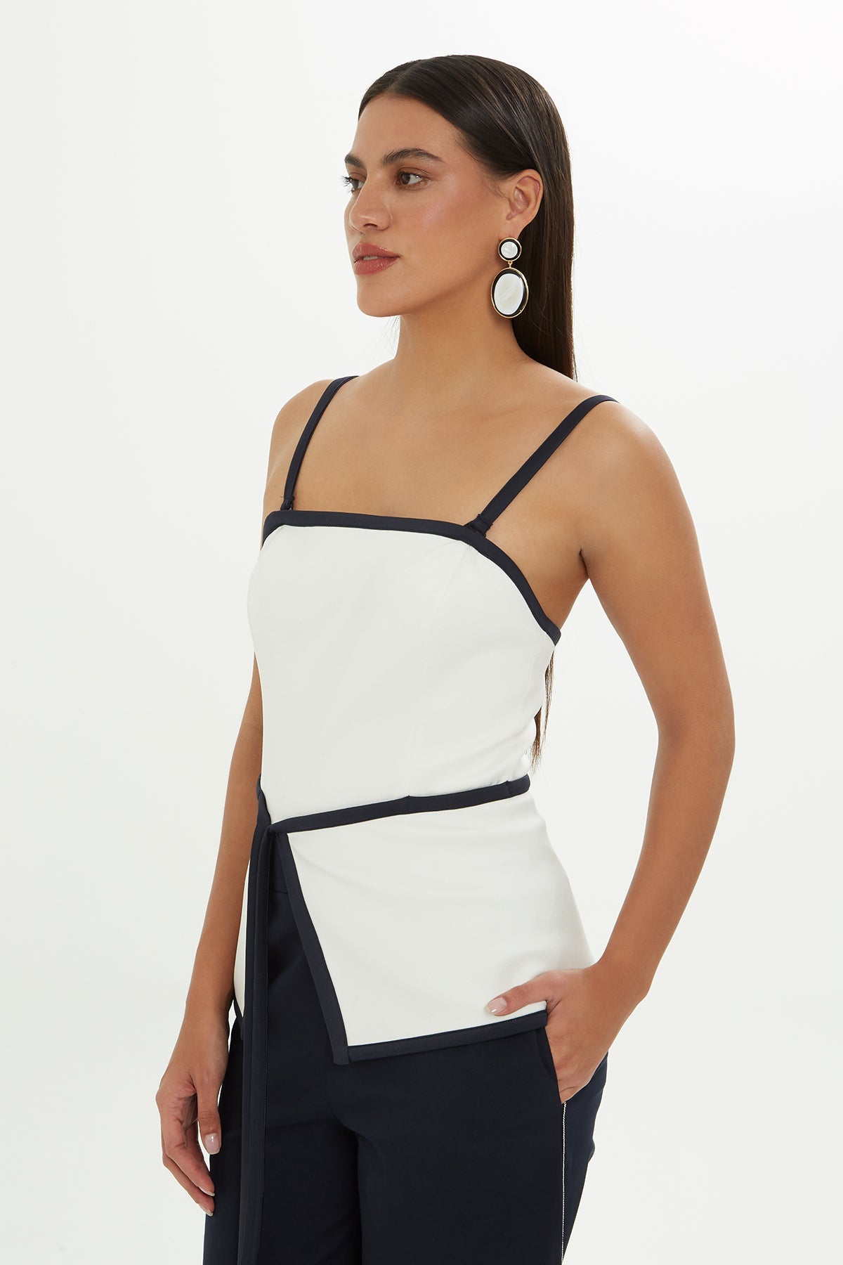 Ecru Blouse with Slit Detail Tie