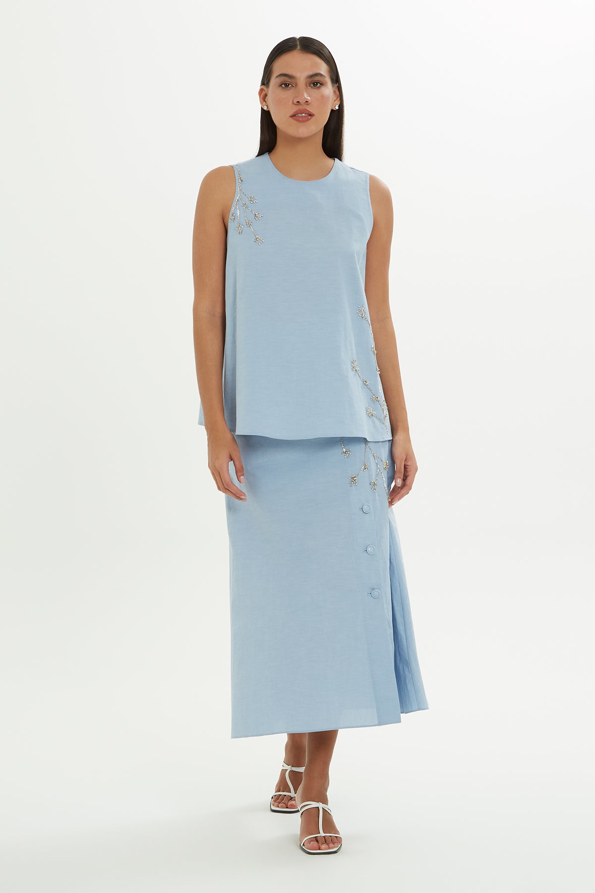 Blue Embroidered Sleeveless Blouse