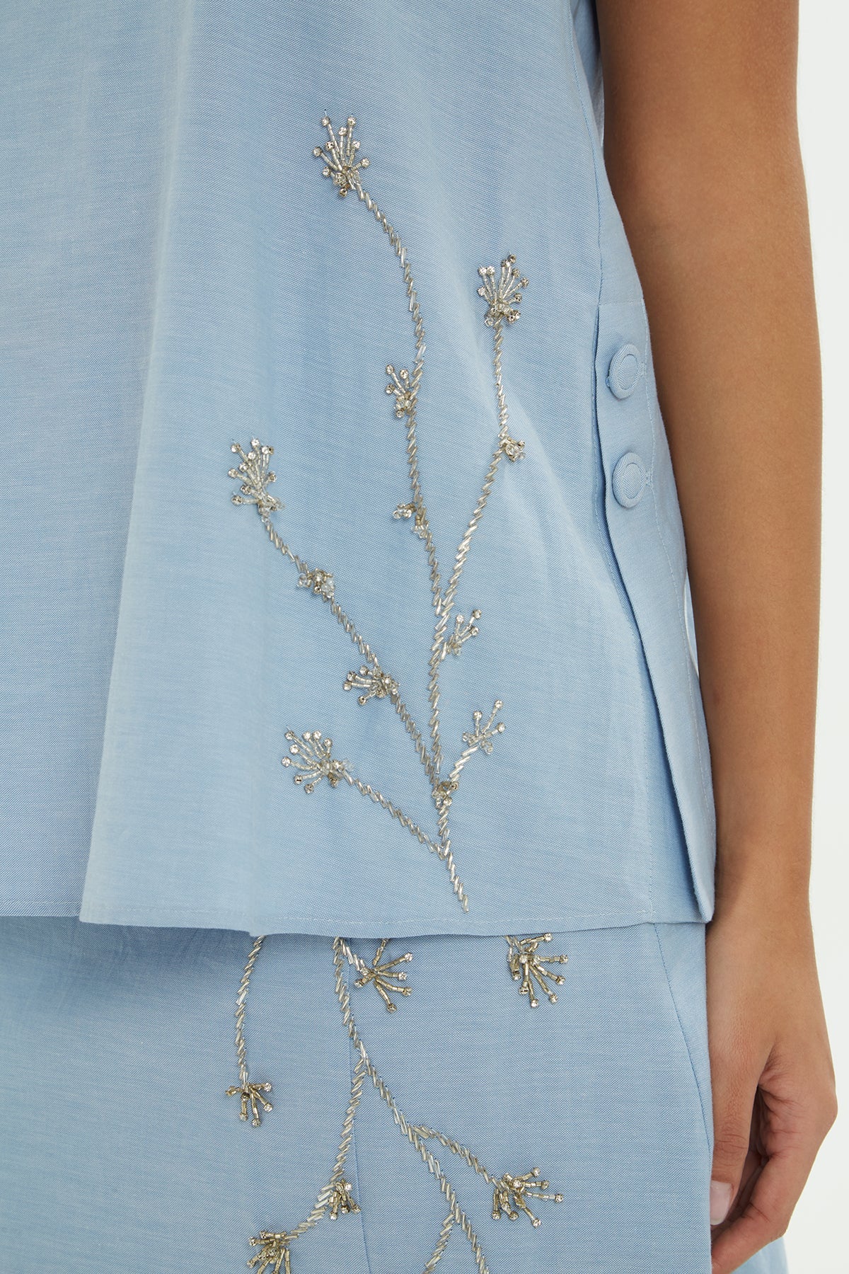 Blue Embroidered Sleeveless Blouse