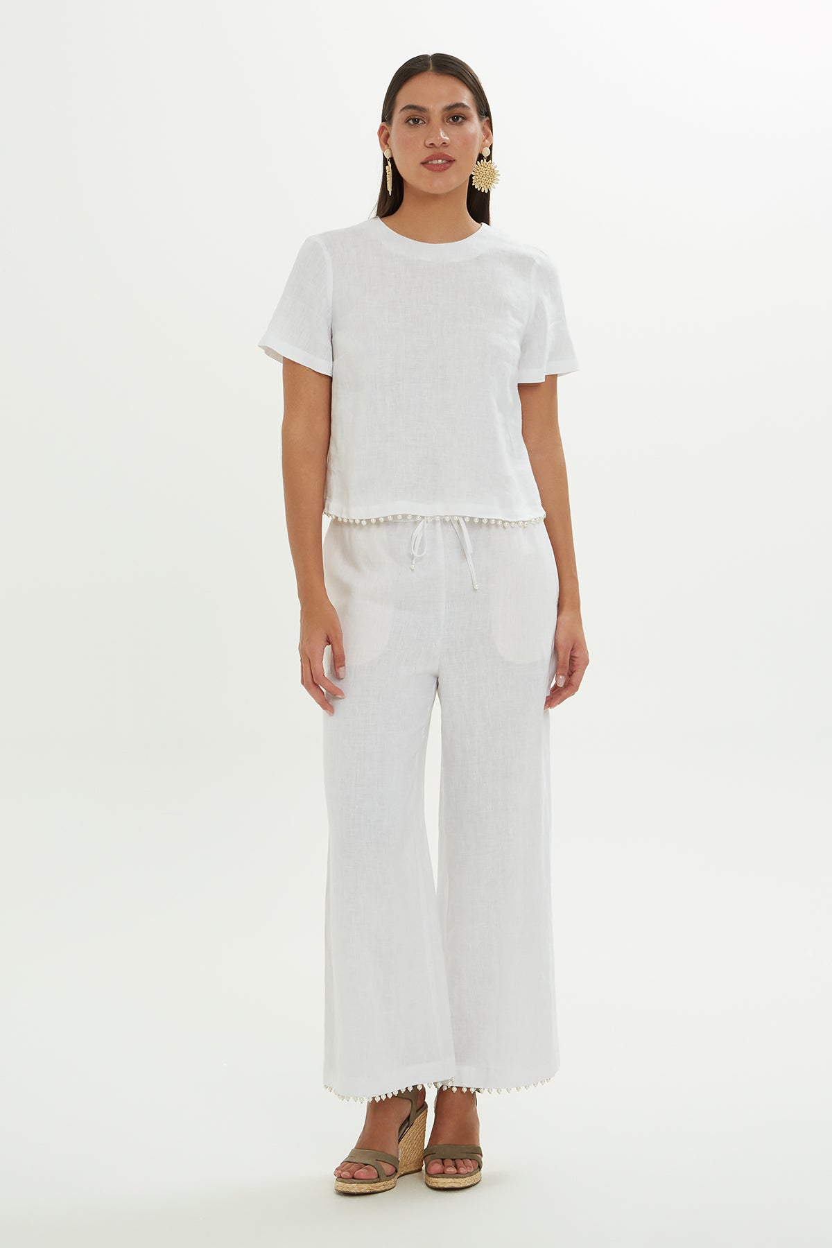 White Linen Blouse with Pearl Detail