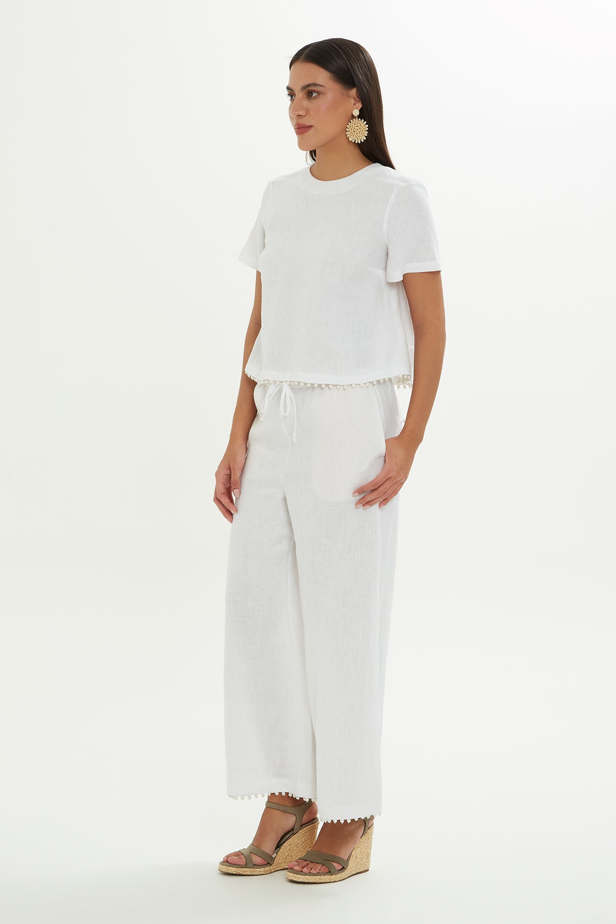 White Linen Blouse with Pearl Detail