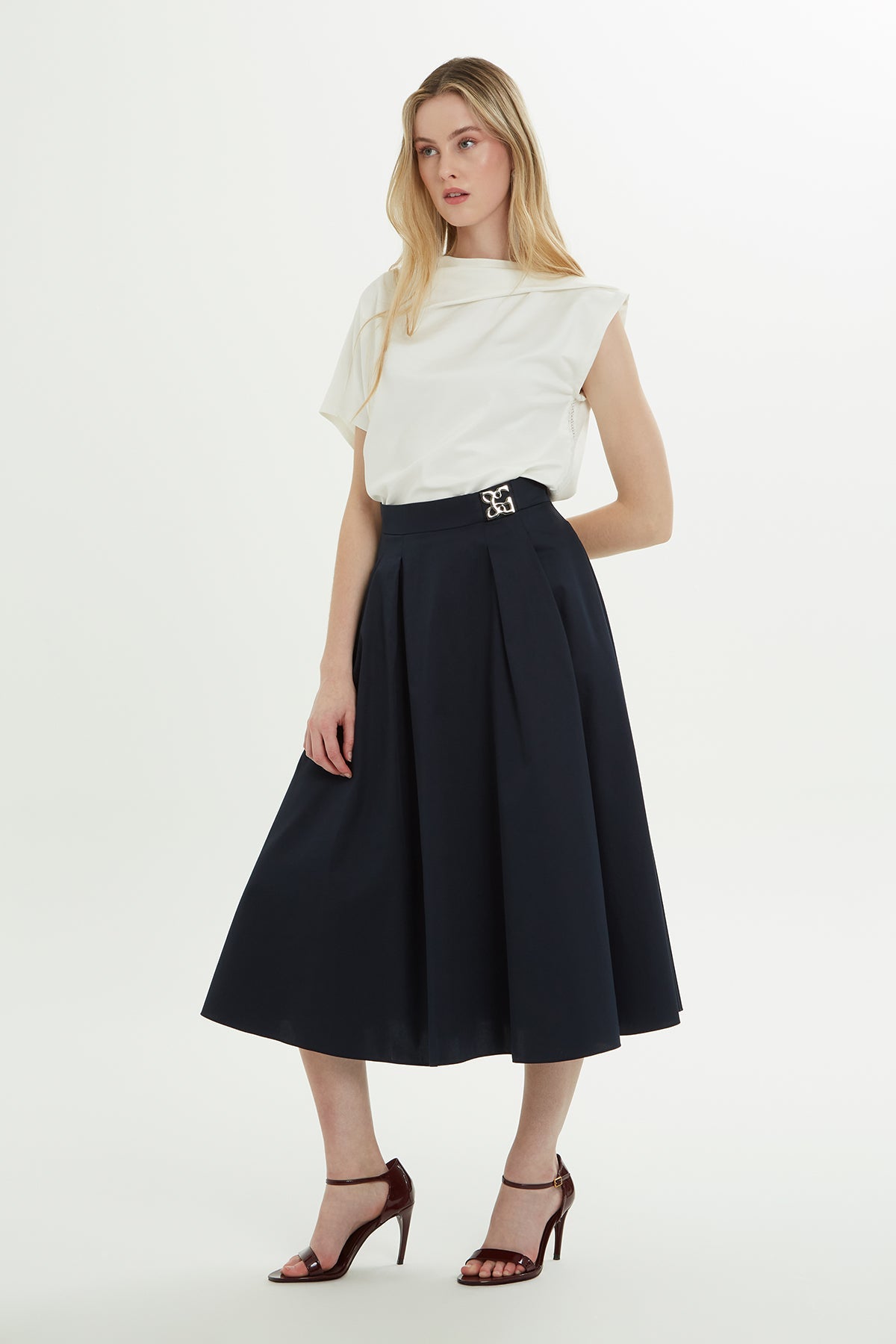 Navy Buckle-Detail Cotton Midi Skirt
