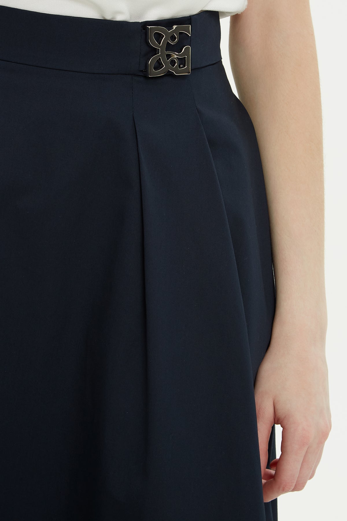 Navy Buckle-Detail Cotton Midi Skirt