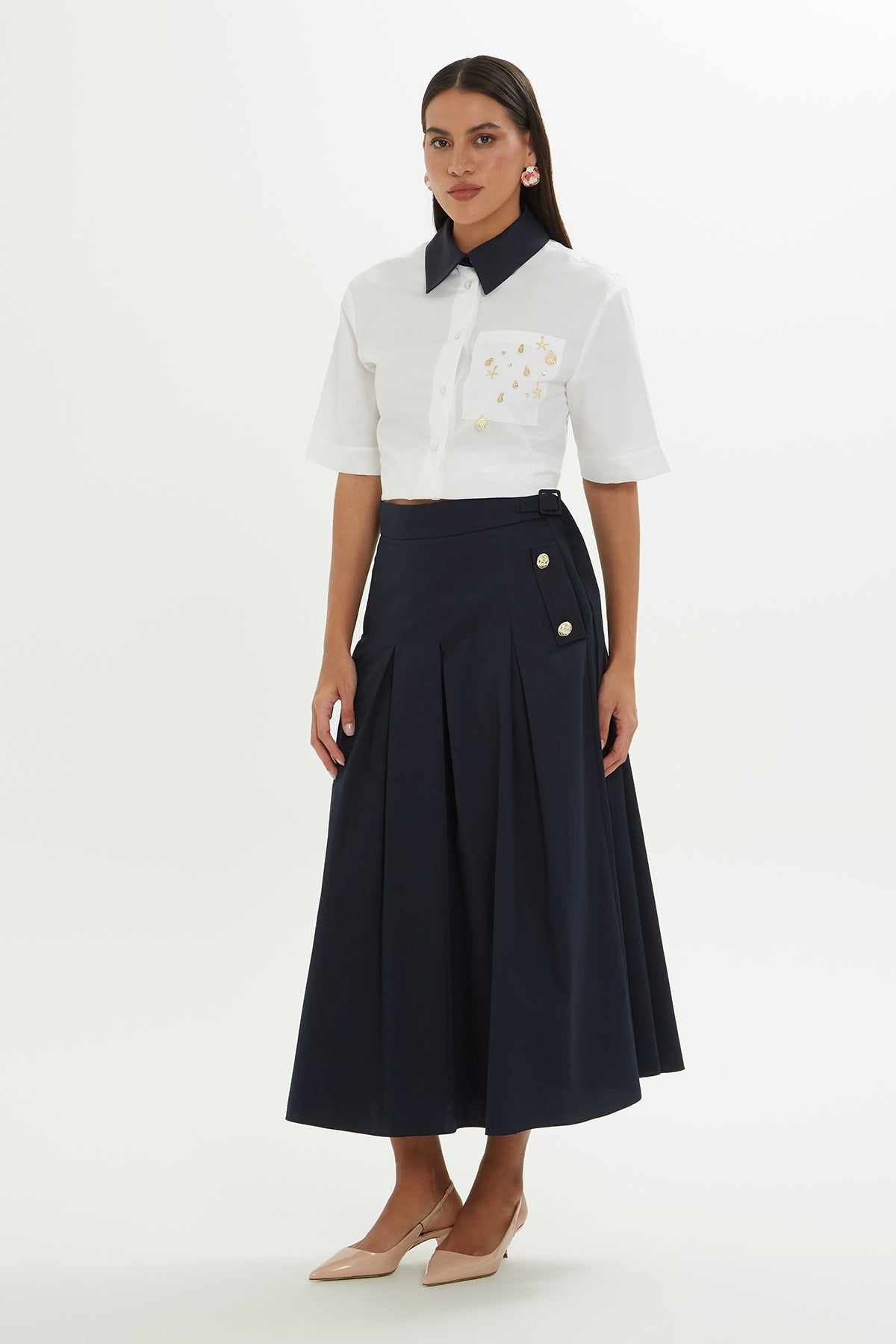 Navy Sash-Detail Midi Skirt