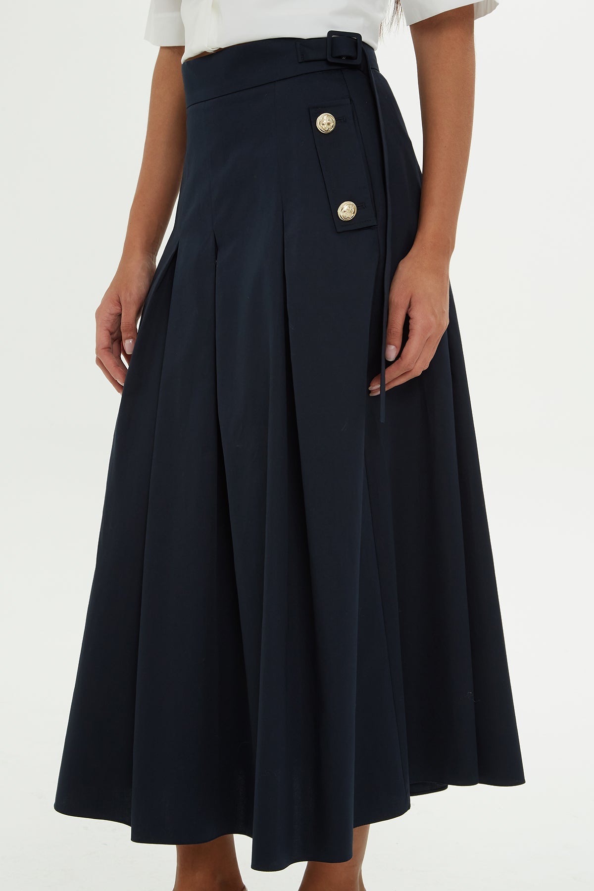 Navy Sash-Detail Midi Skirt
