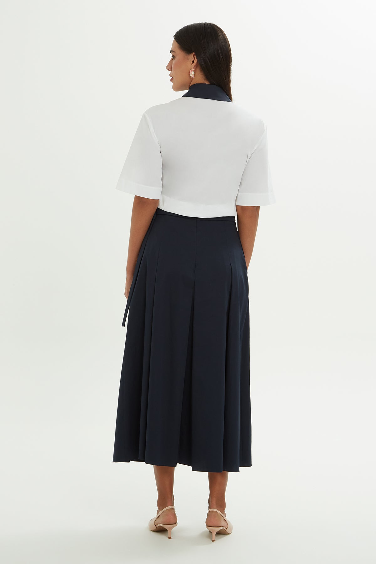 Navy Sash-Detail Midi Skirt