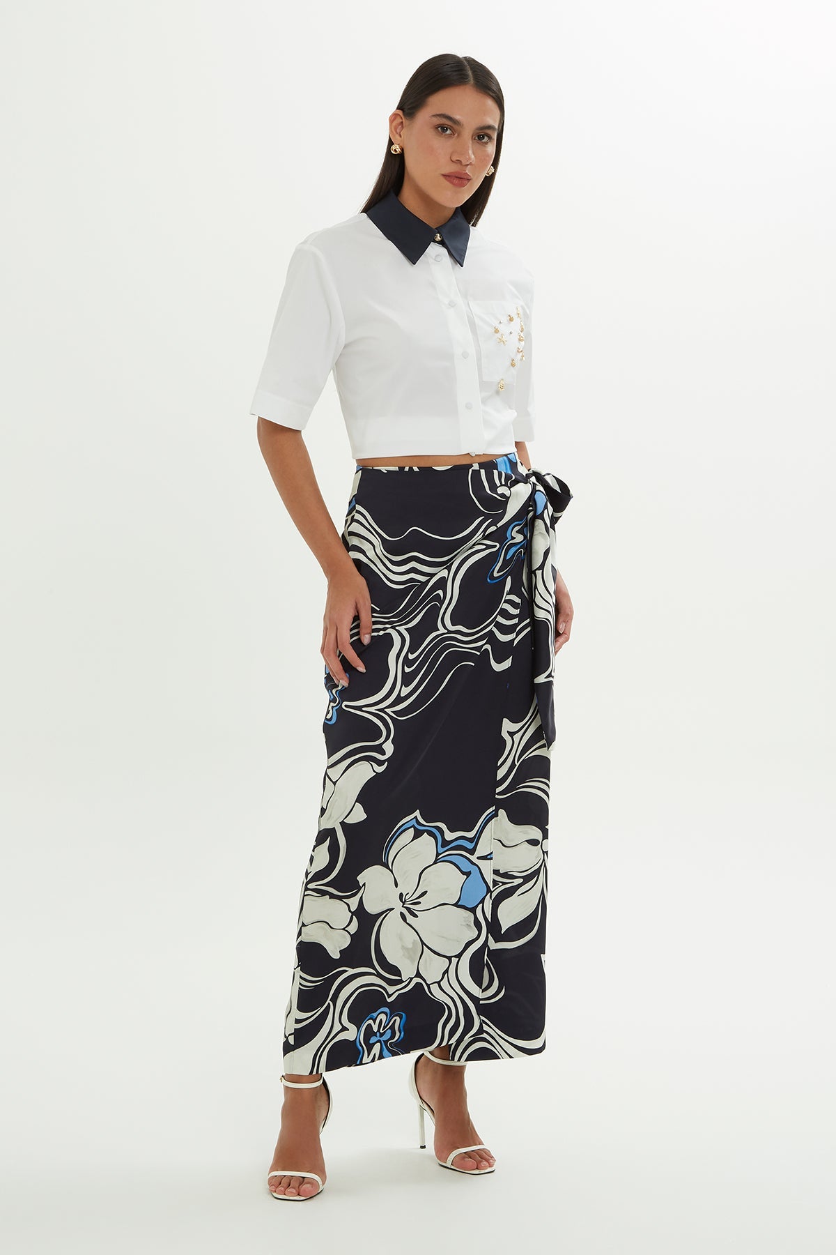 Navy Patterned Midi Skirt