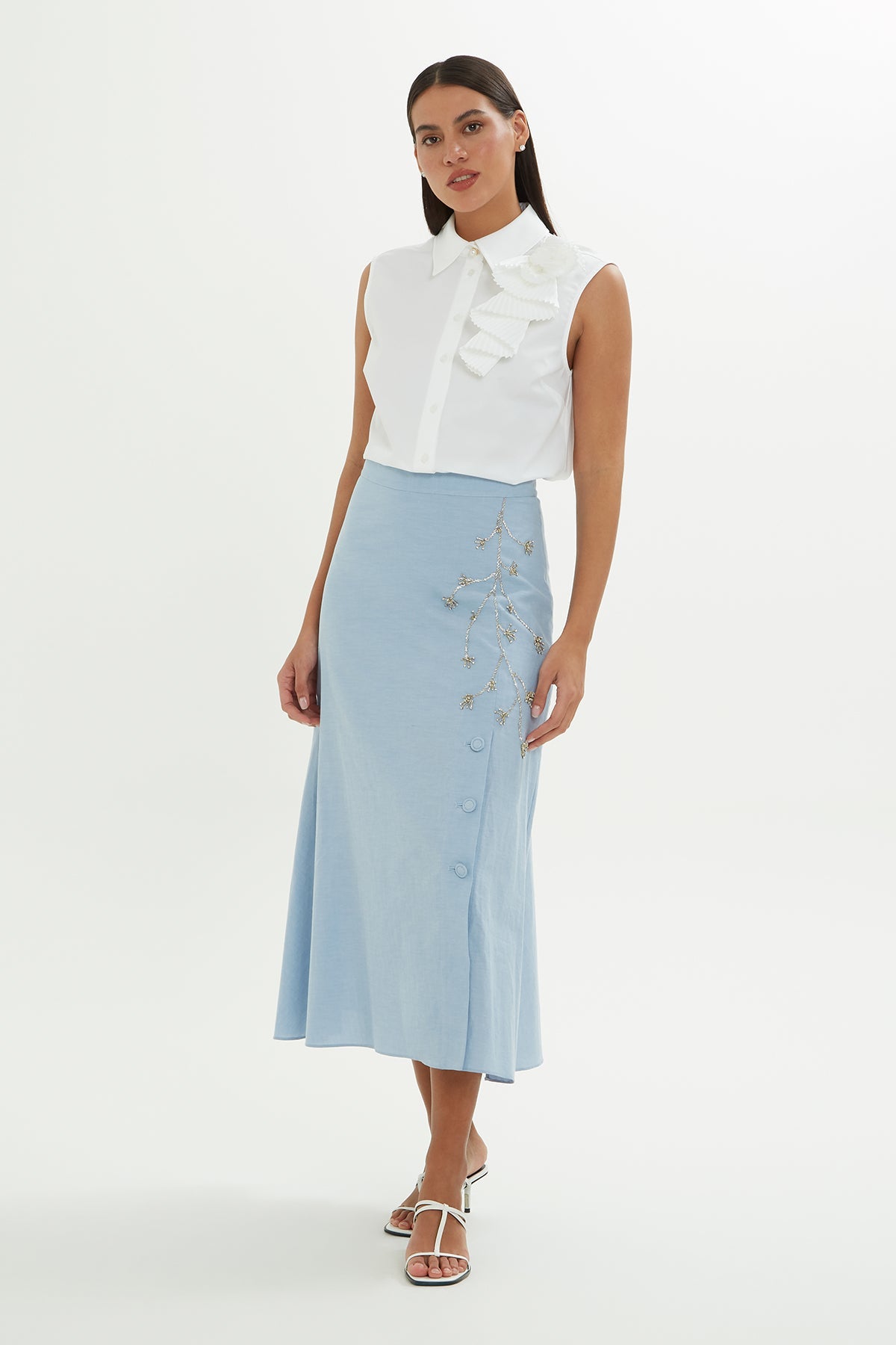 Blue Embroidered Midi Denim Skirt