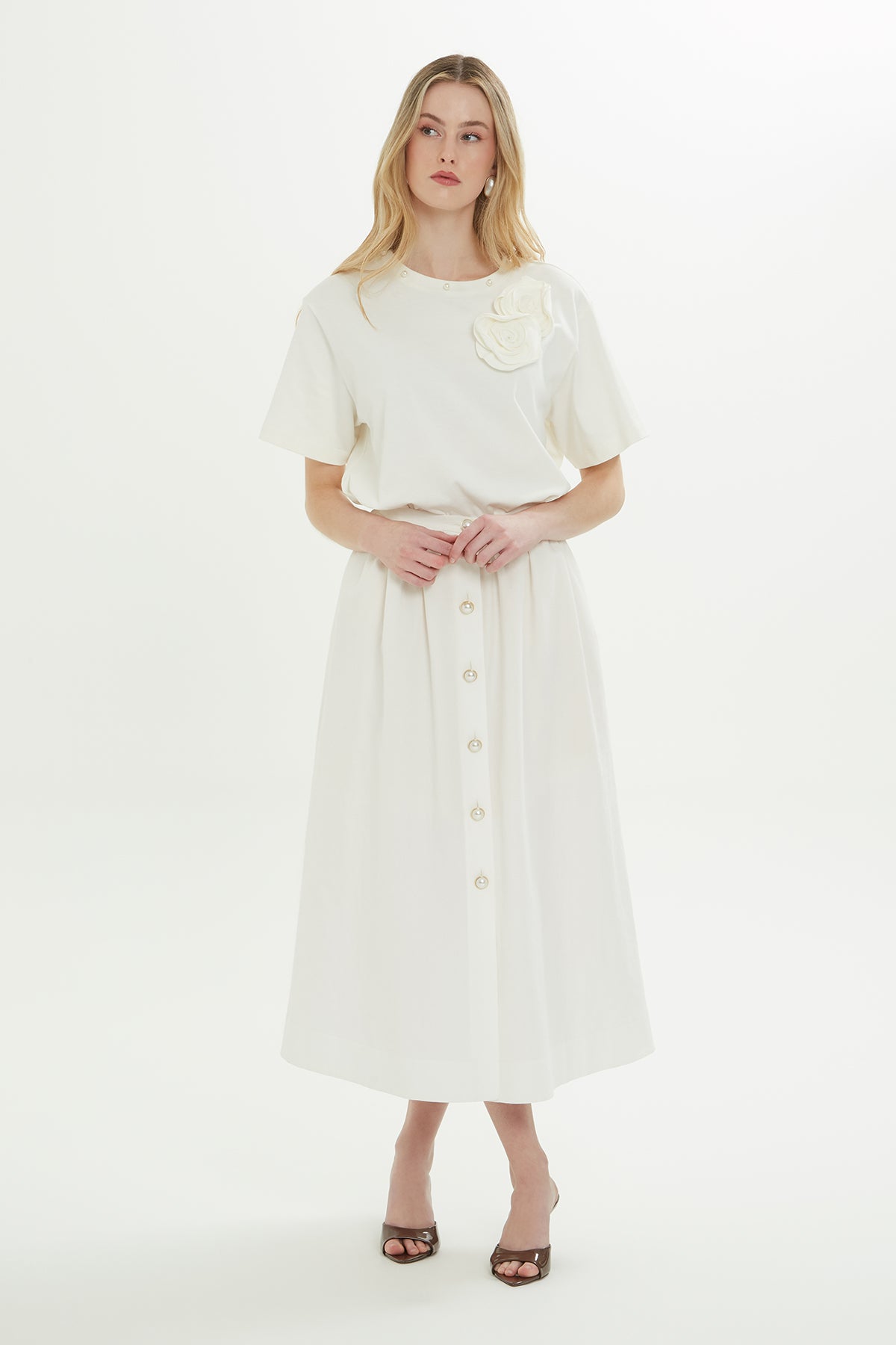 Ecru Side-Slit Midi Skirt