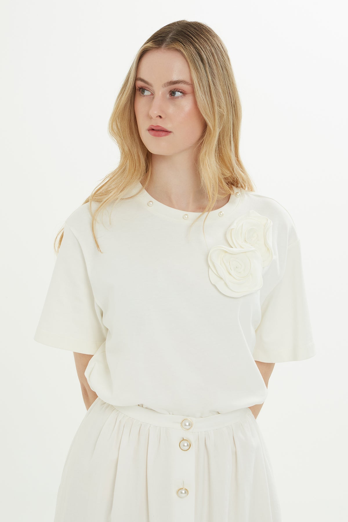 Ecru Side-Slit Midi Skirt