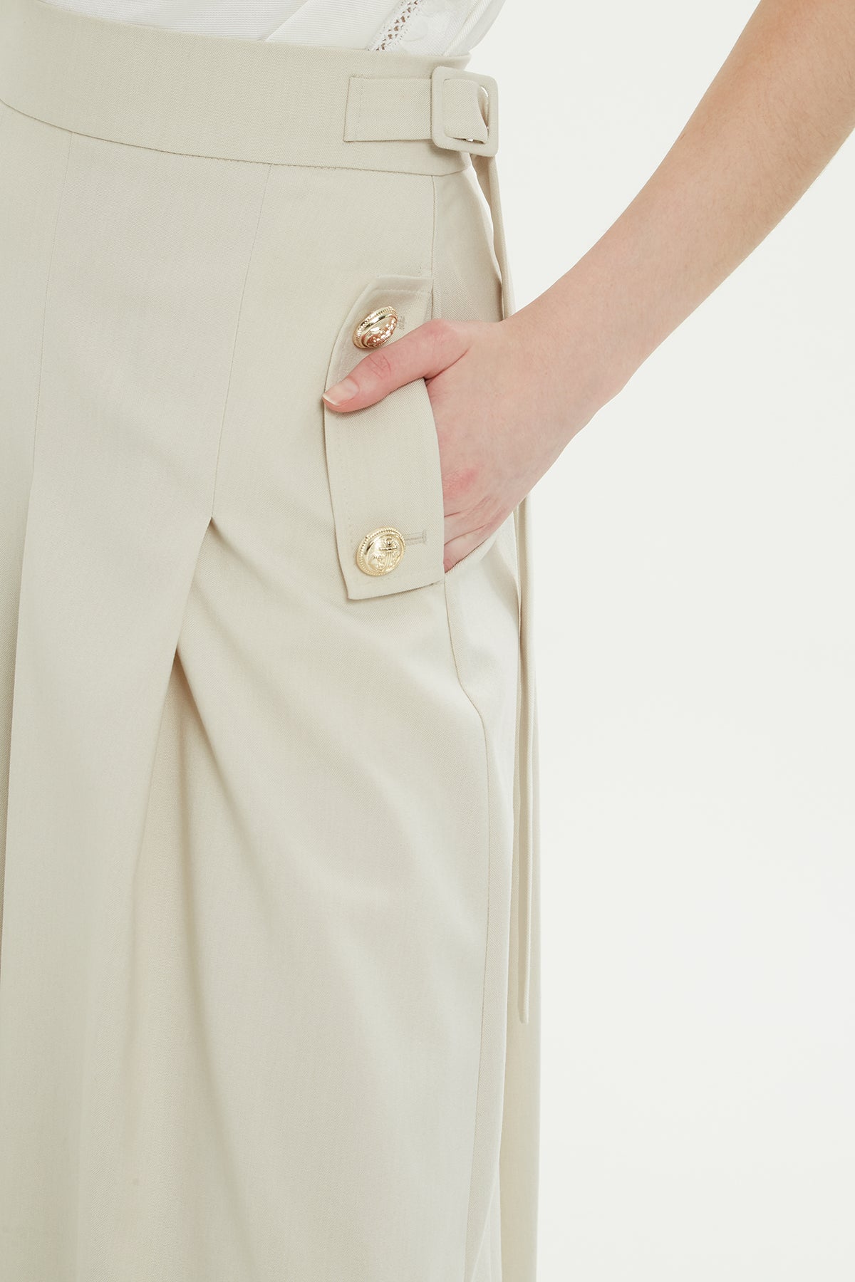 Ecru Sash-Detail Midi Skirt