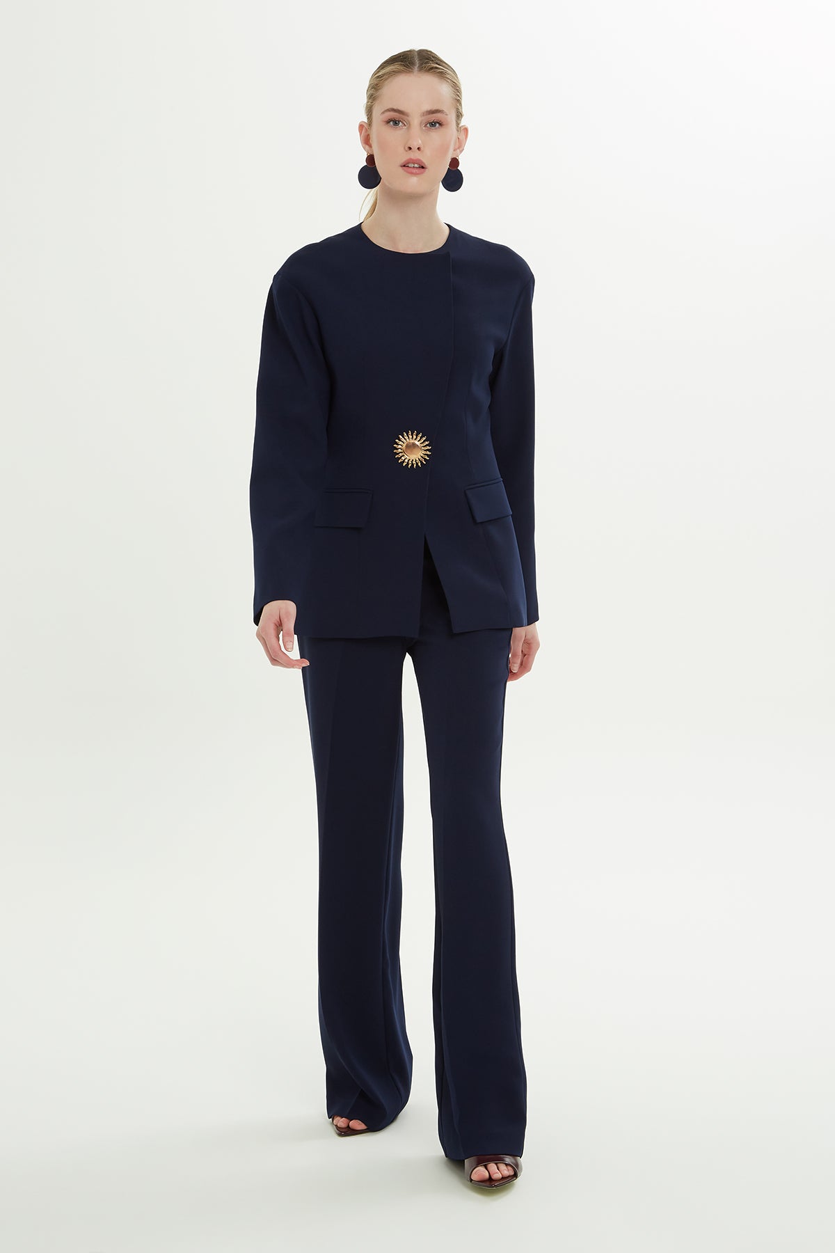 Blue Double-Breasted Brooch Jacket