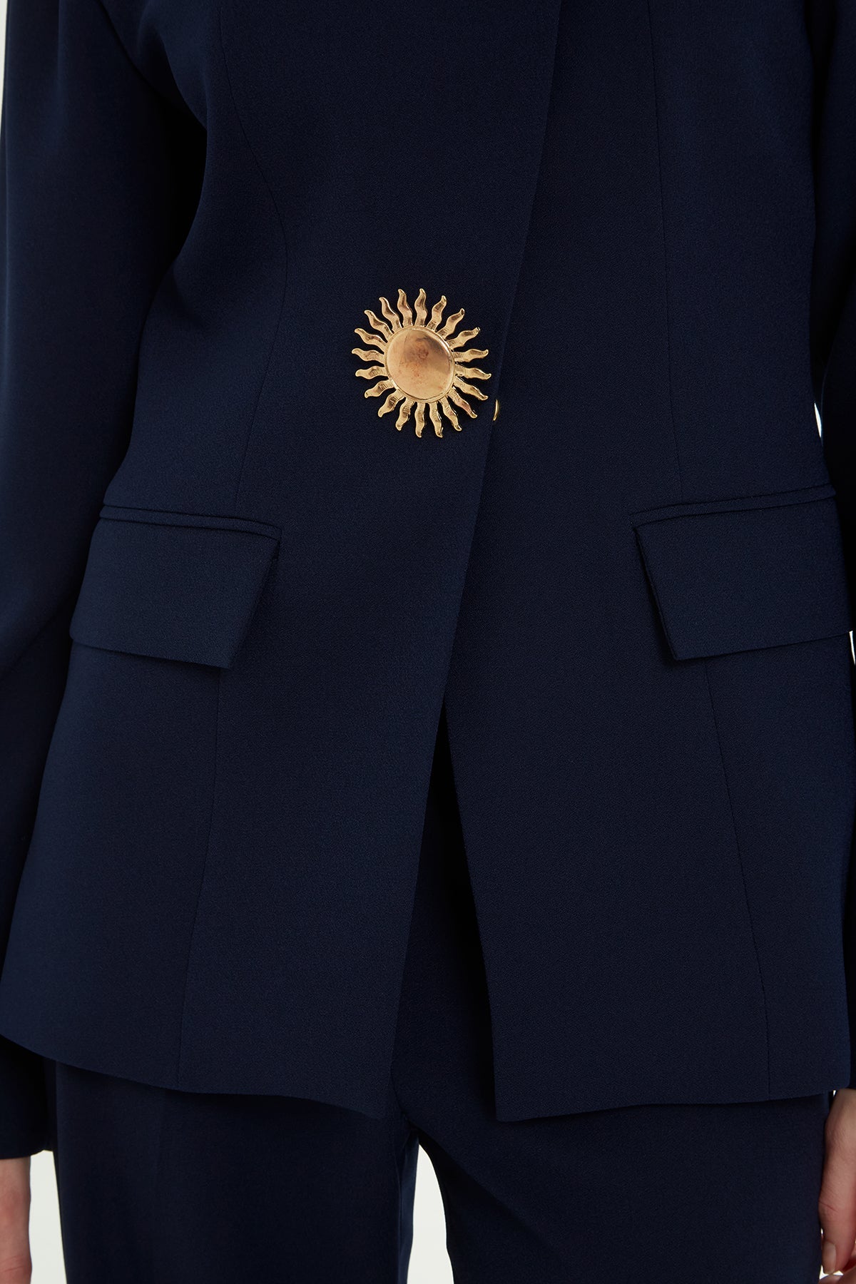 Blue Double-Breasted Brooch Jacket