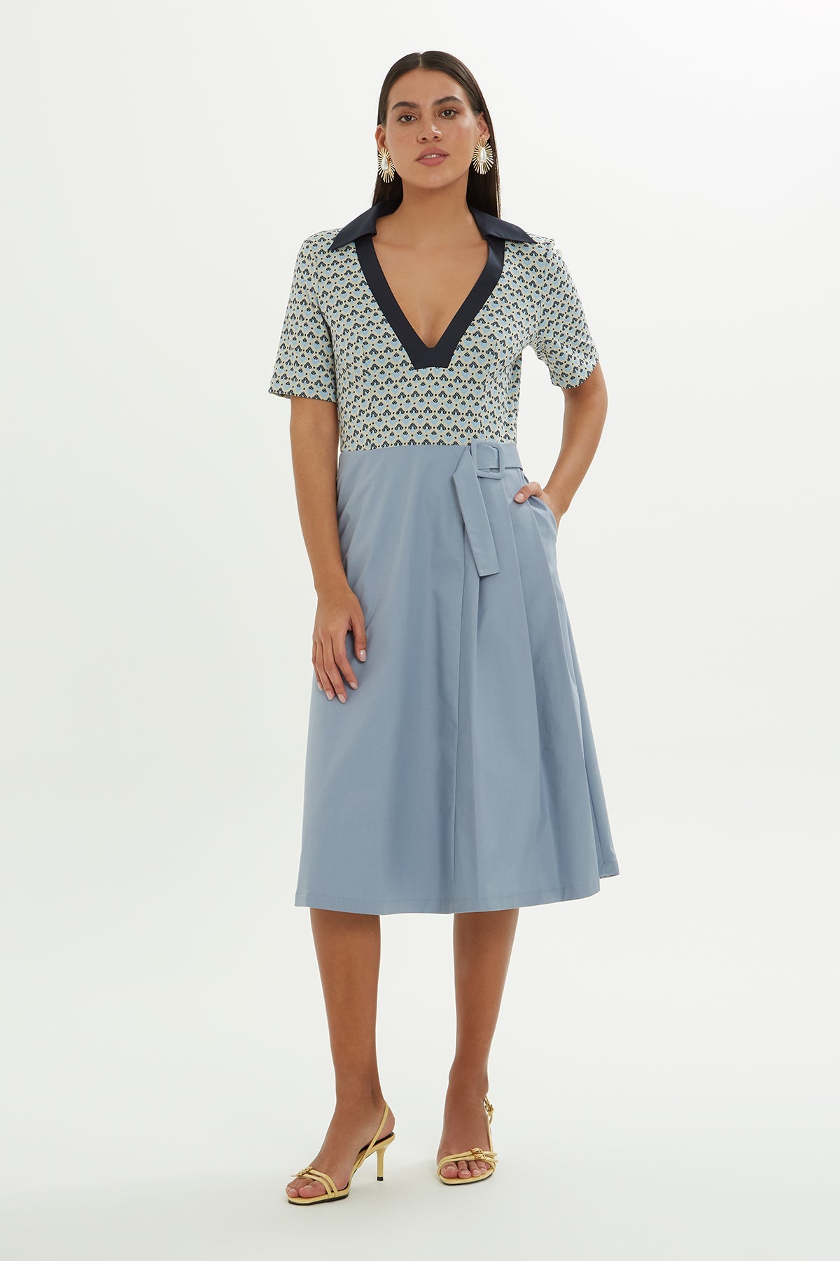 Printed Short-Sleeve Midi Dress