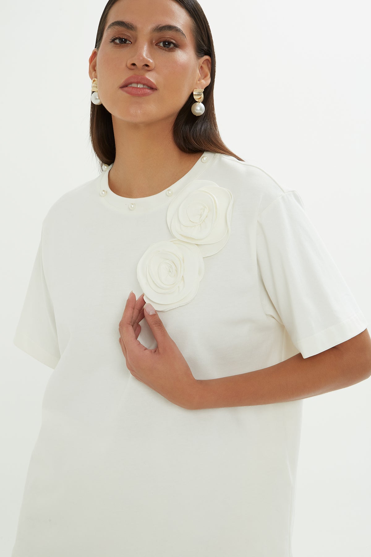 Ecru Floral-Detailed T-Shirt