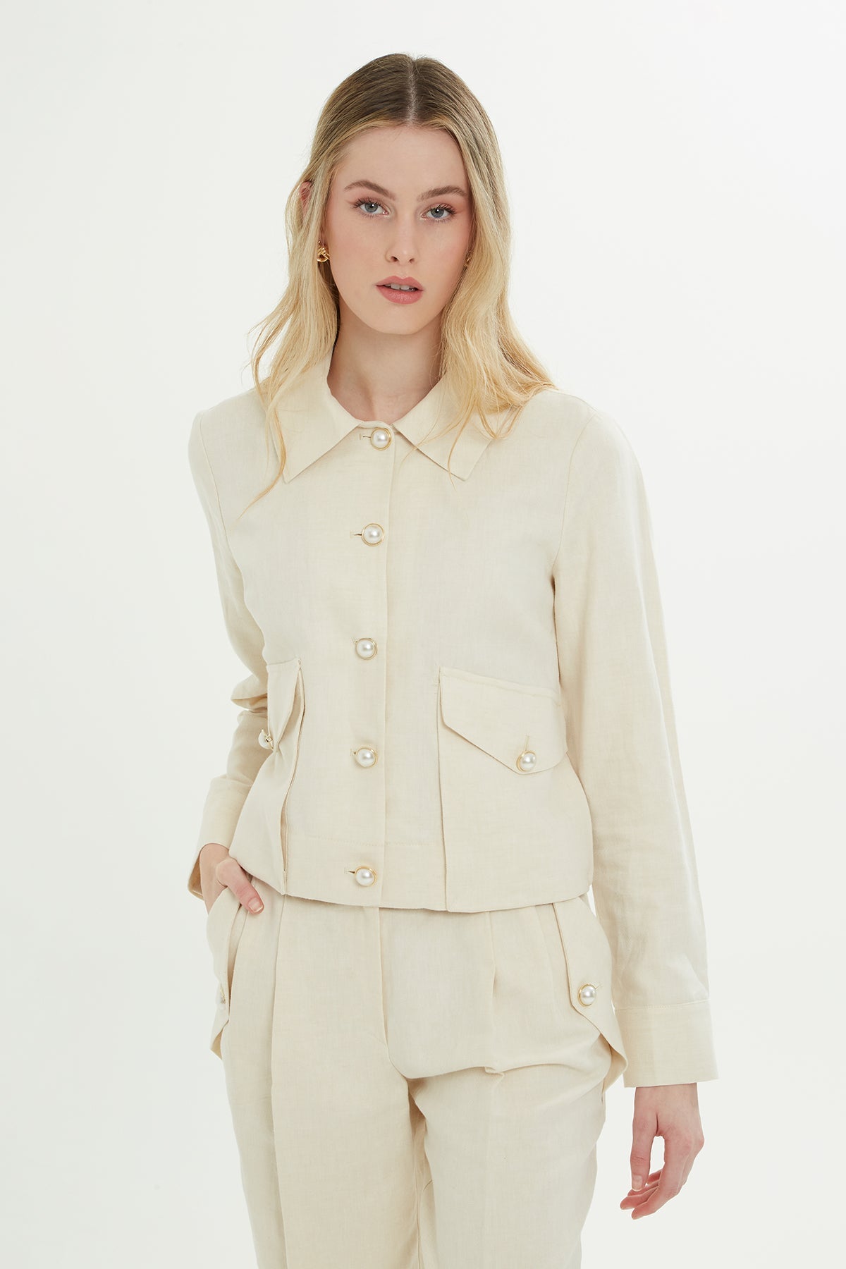 Ecru Shirt-Collar Tailored Jacket