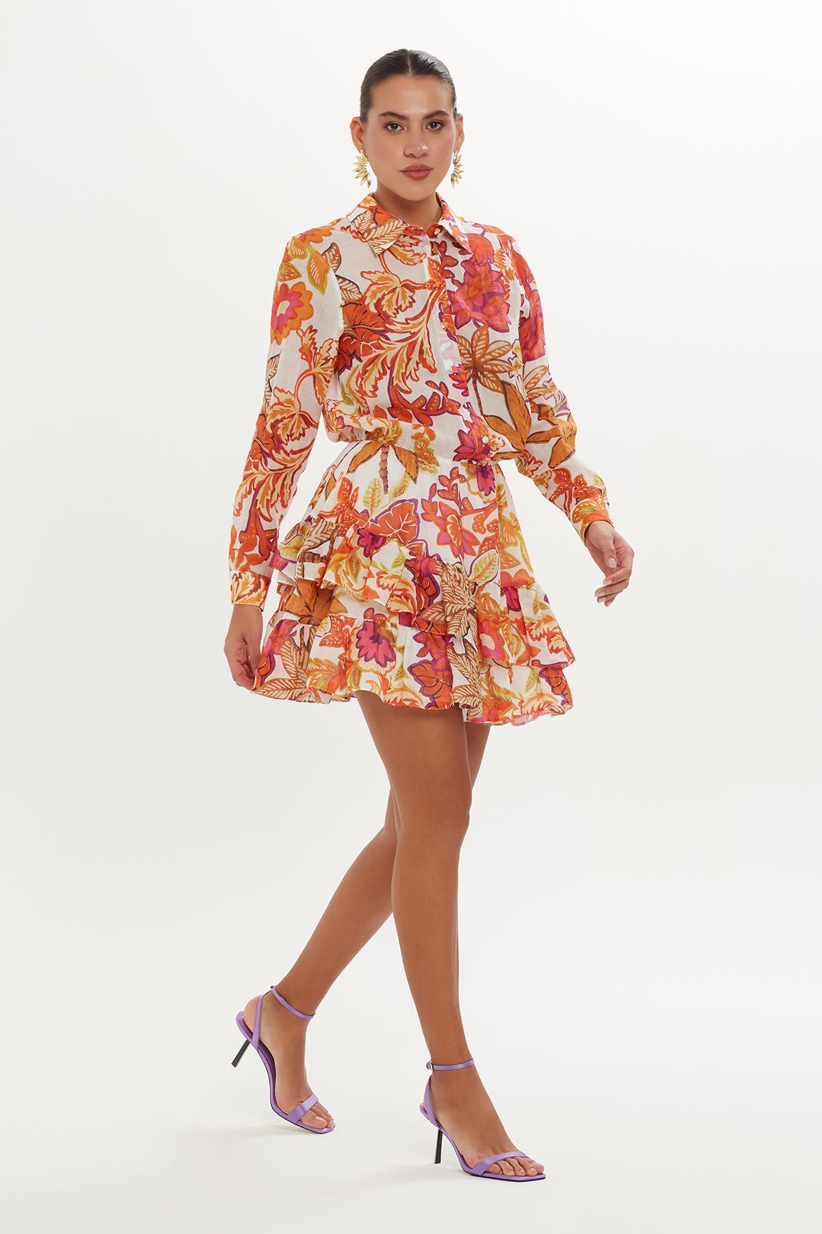 Printed Shirt Dress with Ruffled Hem