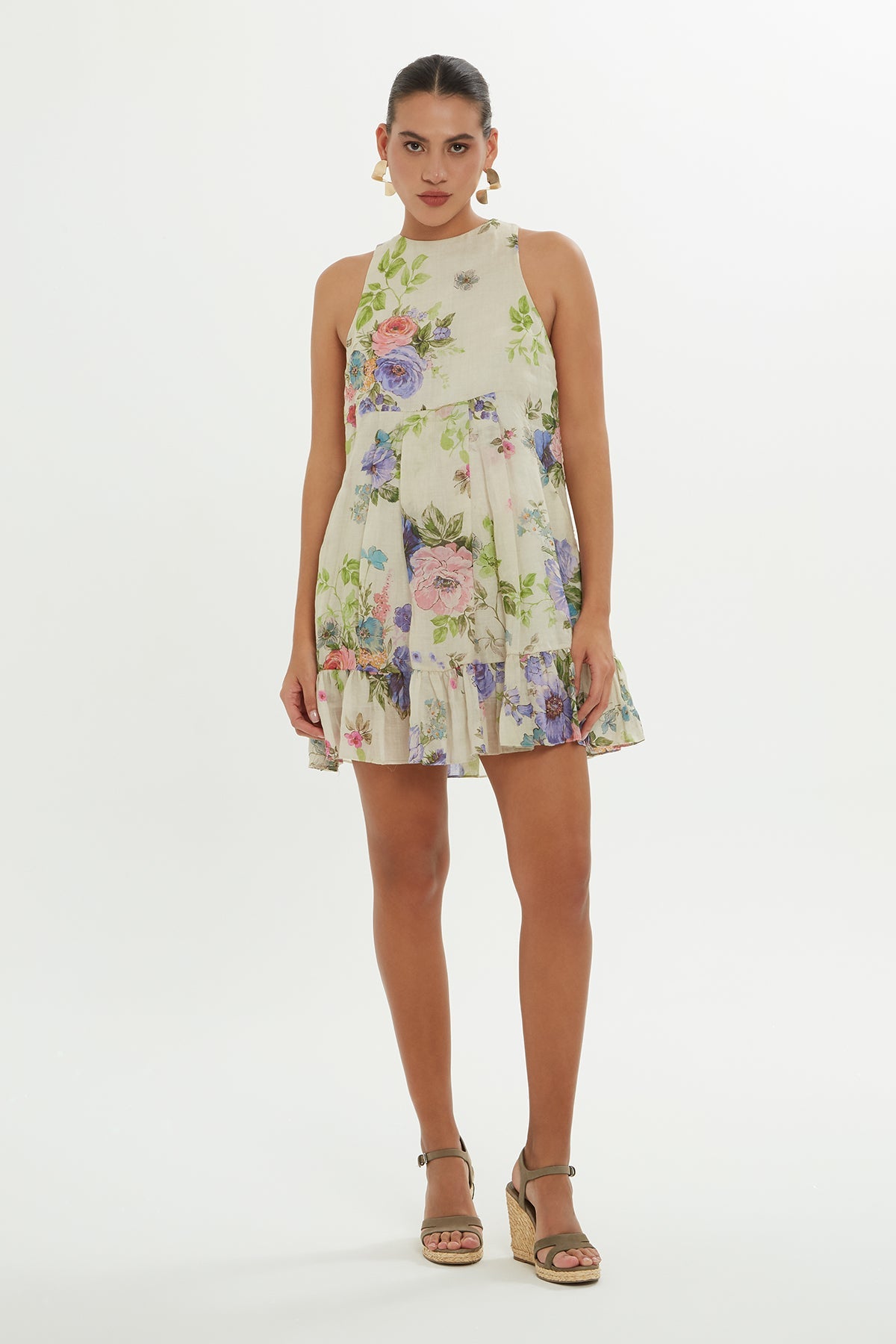 Printed Lace-Detail Mini Dress