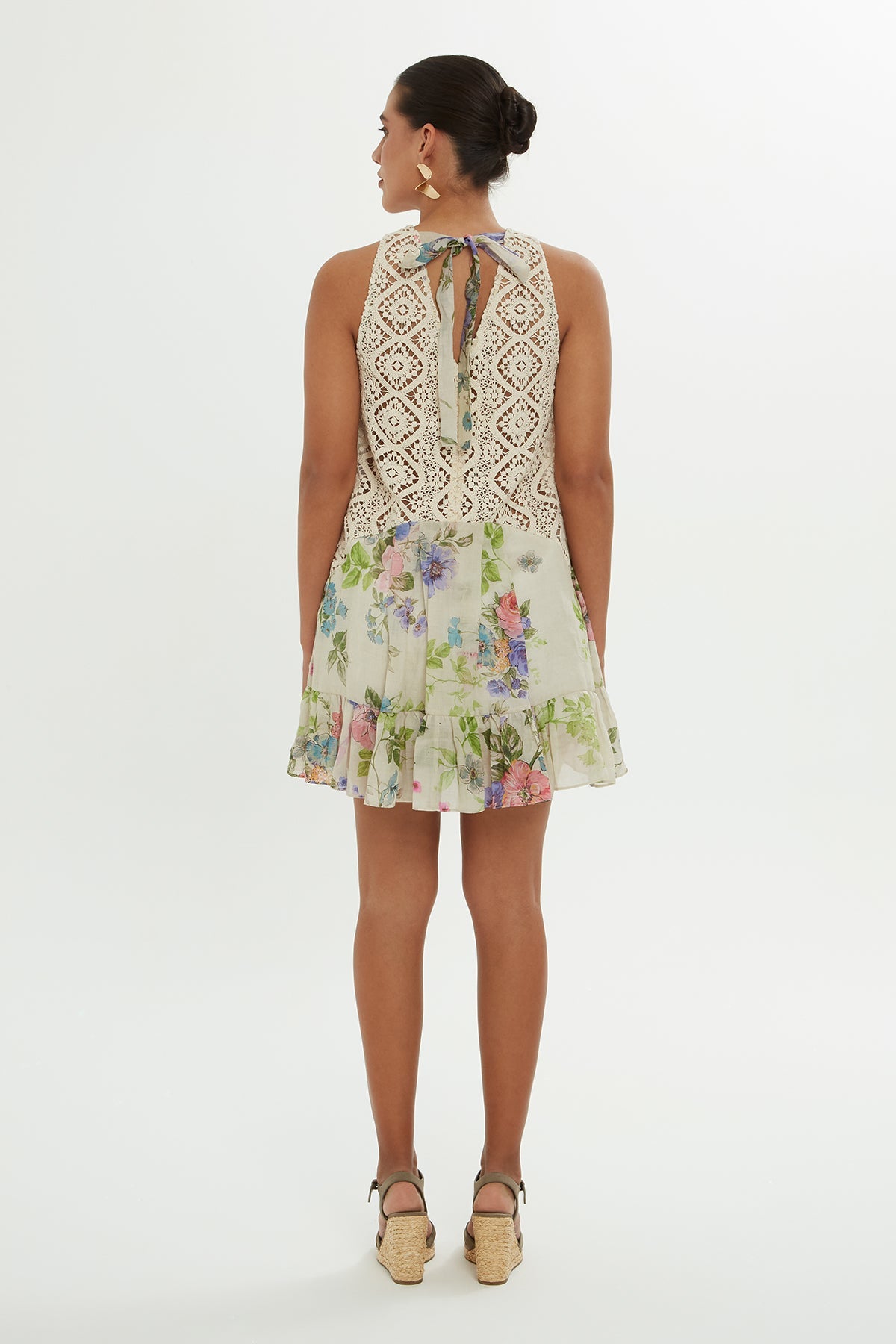 Printed Lace-Detail Mini Dress