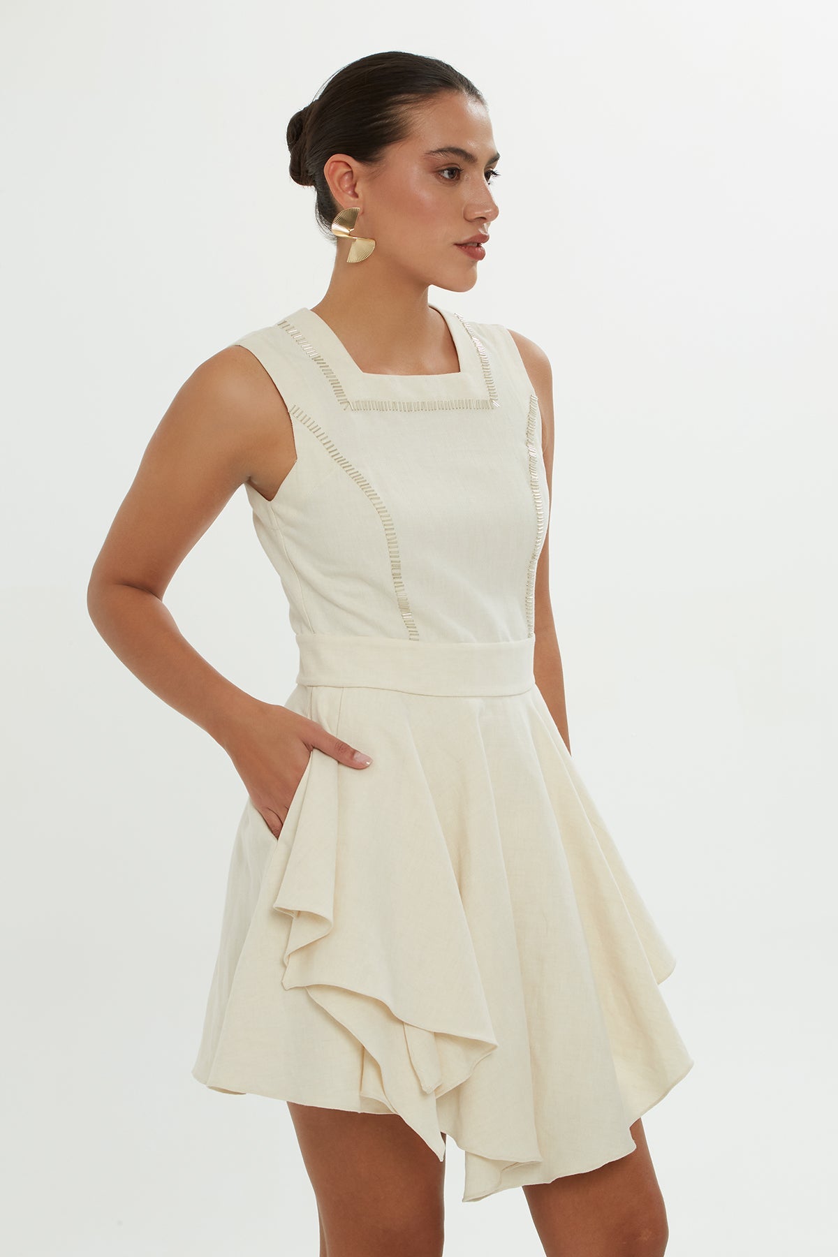 Beige Square-Neck Embroidered Mini Dress