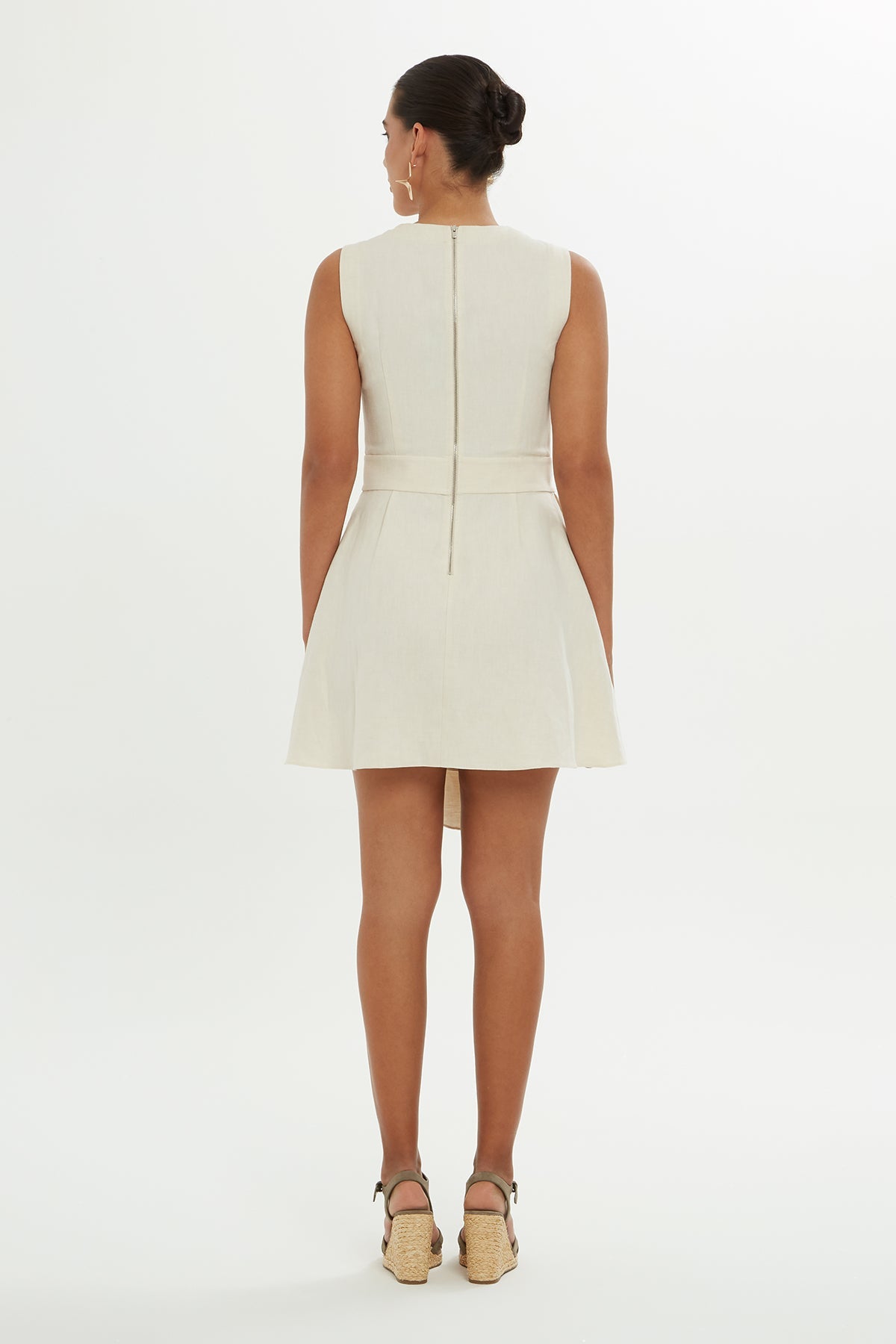 Beige Square-Neck Embroidered Mini Dress